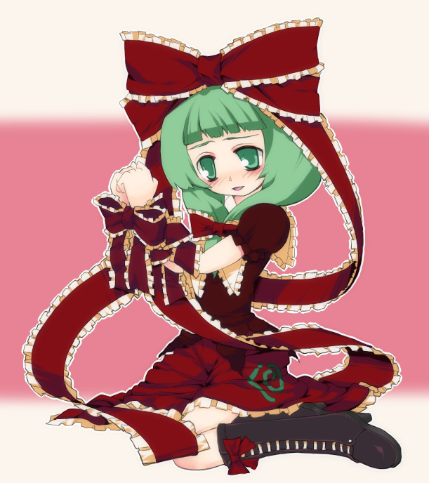 kagiyama hina, touhou, 1girl, bdsm, blush, bondage, boots, bound, bow, dress, female focus, frills, front ponytail, green eyes, green hair, matching hair/eyes, ribbon, solo, tied up (nonsexual)