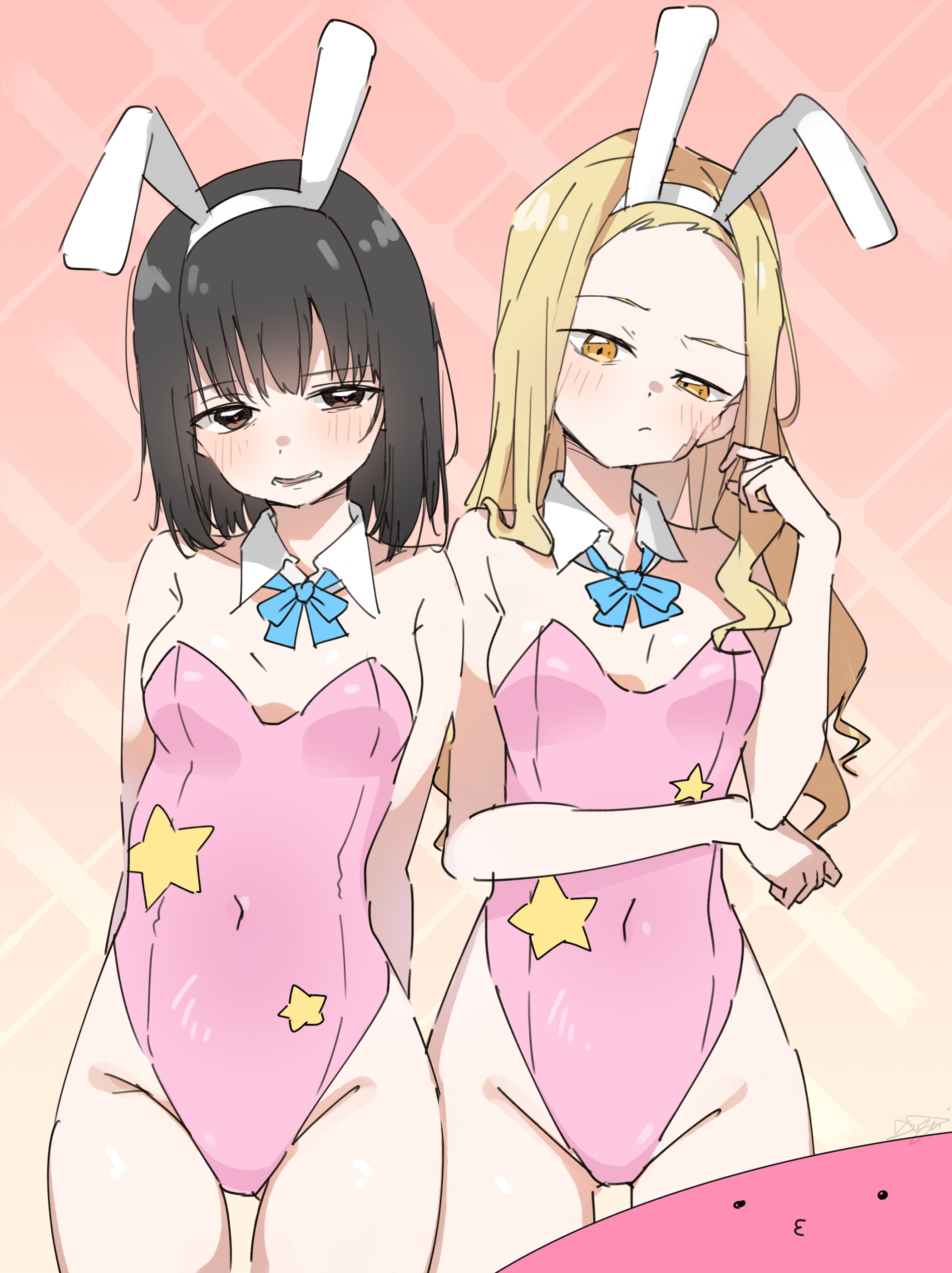 xlyami, kirarazaka marina, kuze shizuka, takopii, takopii no genzai, absurdres, highres, 1other, 2girls, :/, aged up, animal ears, bare shoulders, black hair, blonde hair, blush, breasts, brown eyes, covered navel, cowboy shot, detached collar, facial scar, fake animal ears, gluteal fold, heart, heart-shaped pupils, leotard, long hair, looking at viewer, medium hair, multiple girls, open mouth, pink leotard, playboy bunny, rabbit ears, raised eyebrow, scar, scar on cheek, scar on face, small breasts, symbol-shaped pupils, thigh gap, yellow eyes