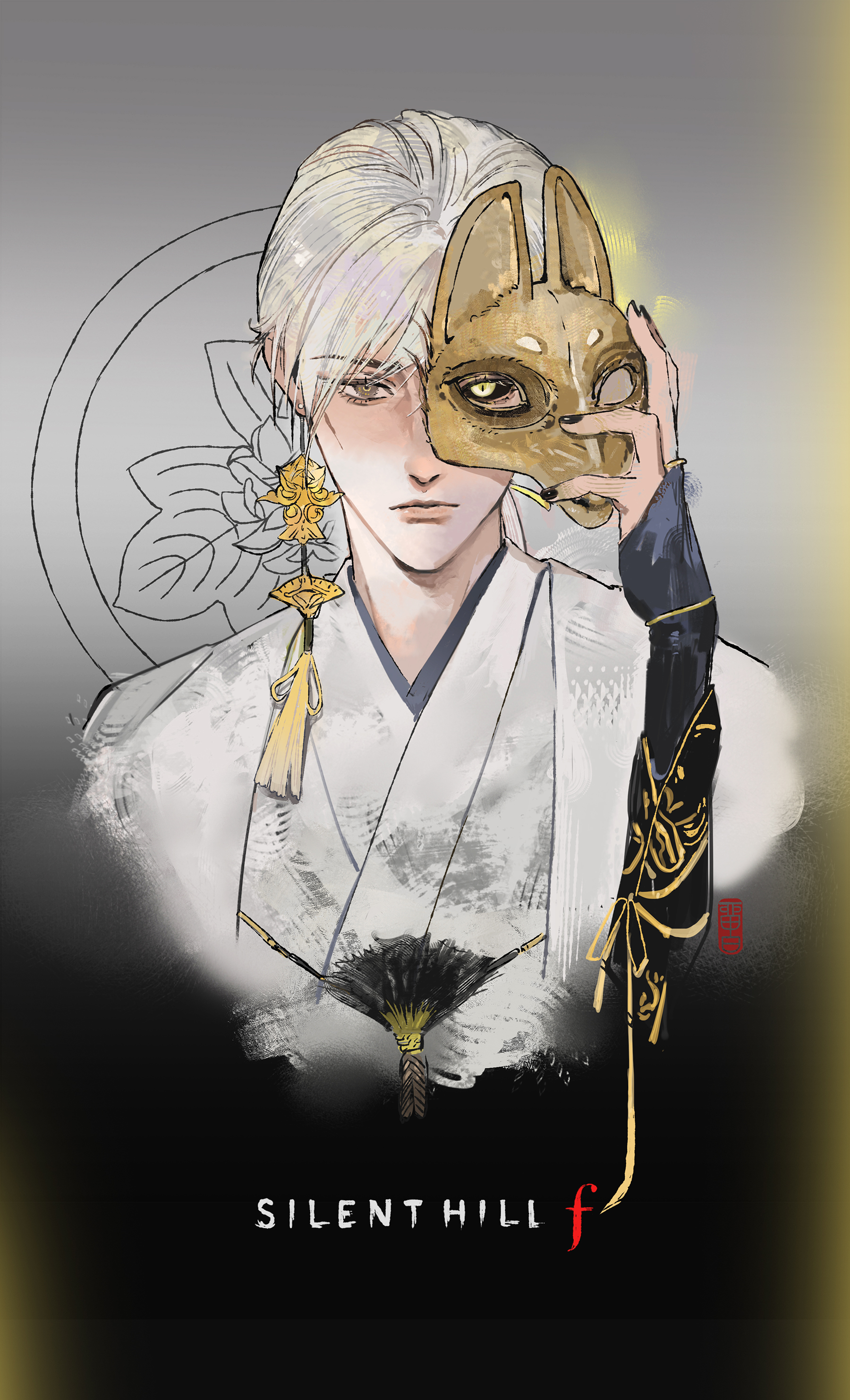 liubai 615, fox mask (silent hill), silent hill (series), silent hill f, absurdres, highres, 1boy, black sclera, colored sclera, earrings, fox mask, jewelry, male focus, mask, removing mask, robe, single earring, solo focus, tassel, tassel earrings, upper body, white hair, white robe