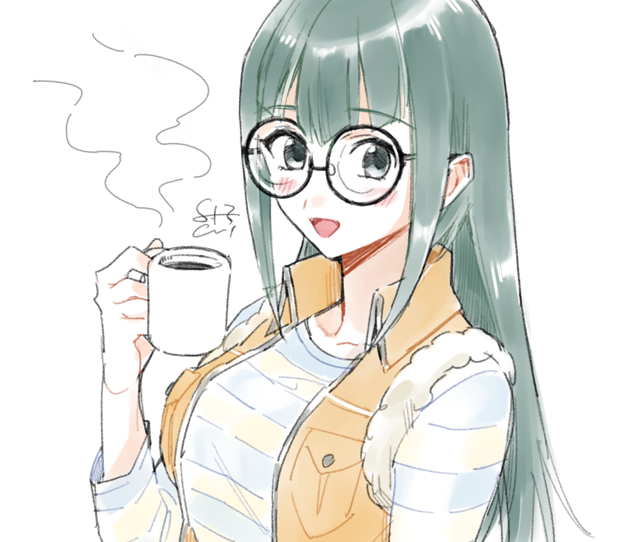 ishinonono, carly nagisa, yu-gi-oh!, yu-gi-oh! 5d's, highres, 1girl, black eyes, black hair, blue shirt, blush, breasts, collarbone, cup, holding, holding cup, large breasts, looking at viewer, orange vest, round eyewear, shirt, simple background, solo, upper body, vest, white background, yellow shirt