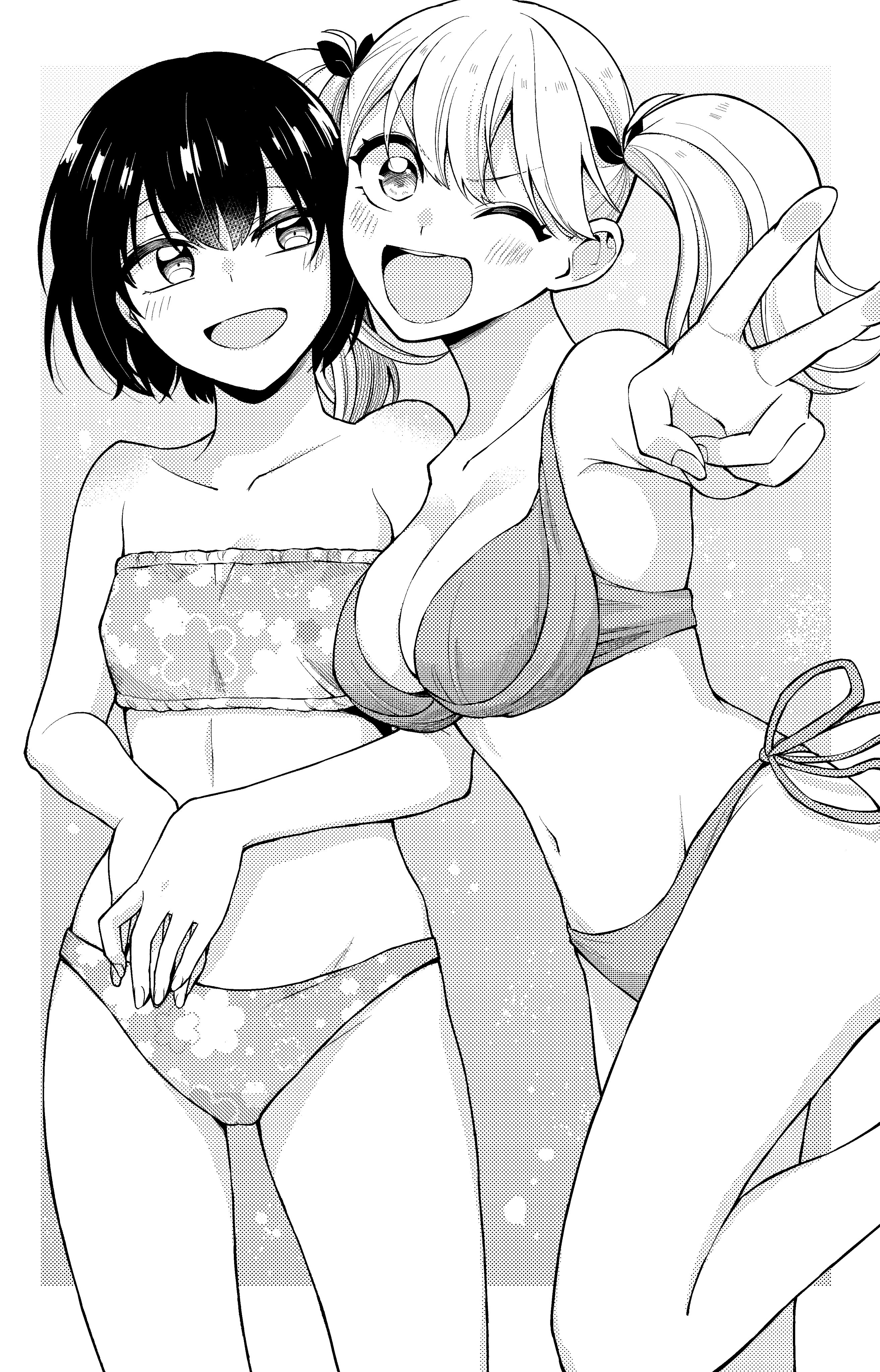 orange lili, original, absurdres, commentary request, highres, 2girls, bikini, blush, breasts, cleavage, collarbone, feet out of frame, fingernails, greyscale, large breasts, long hair, monochrome, multiple girls, navel, one eye closed, open mouth, outstretched arm, reaching, reaching towards viewer, short hair, side-tie bikini bottom, standing, stomach, swimsuit, twintails, v, v-shaped eyebrows