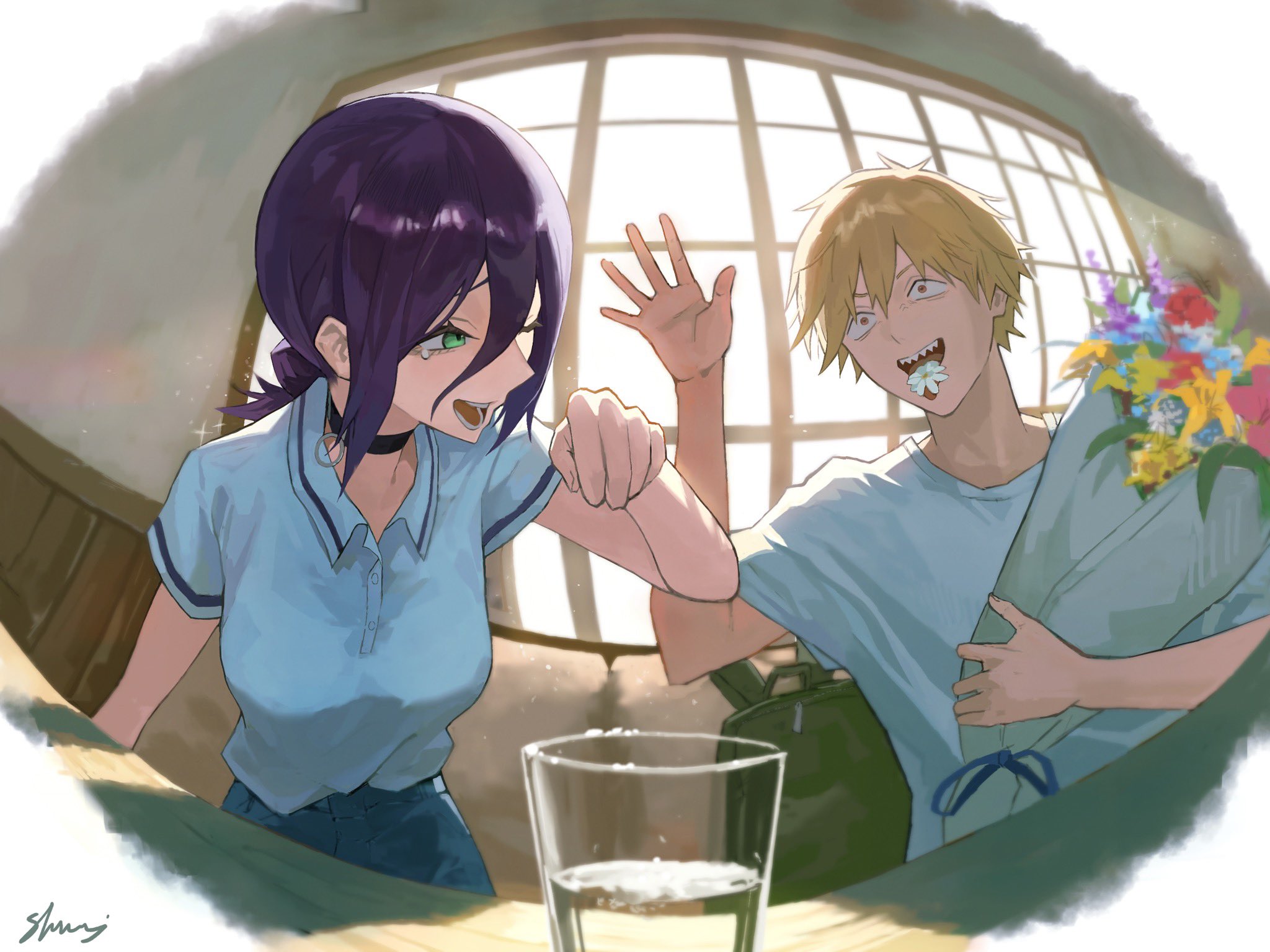 x0195195796238, denji (chainsaw man), reze (chainsaw man), chainsaw man, highres, 1boy, 1girl, black choker, blonde hair, bouquet, choker, collared shirt, cup, drinking glass, fisheye, flower, flower in mouth, green eyes, grenade pin, hair between eyes, hair bun, hand up, holding, holding bouquet, indoors, long hair between eyes, looking at viewer, medium hair, open mouth, polo shirt, purple hair, sanpaku, sharp teeth, shirt, short hair, short sleeves, signature, single hair bun, sitting, smile, tearing up, teeth, window, yellow eyes