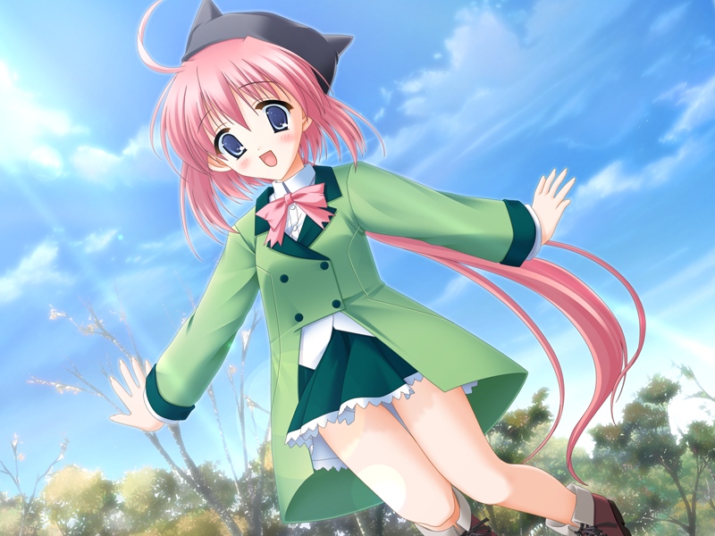 shiro (musunde hiraite), musunde hiraite, game cg, non-web source, 10s, 1girl, ahoge, blue eyes, blush, cloud, day, female focus, hat, jumping, long hair, pink hair, school uniform, sky, solo