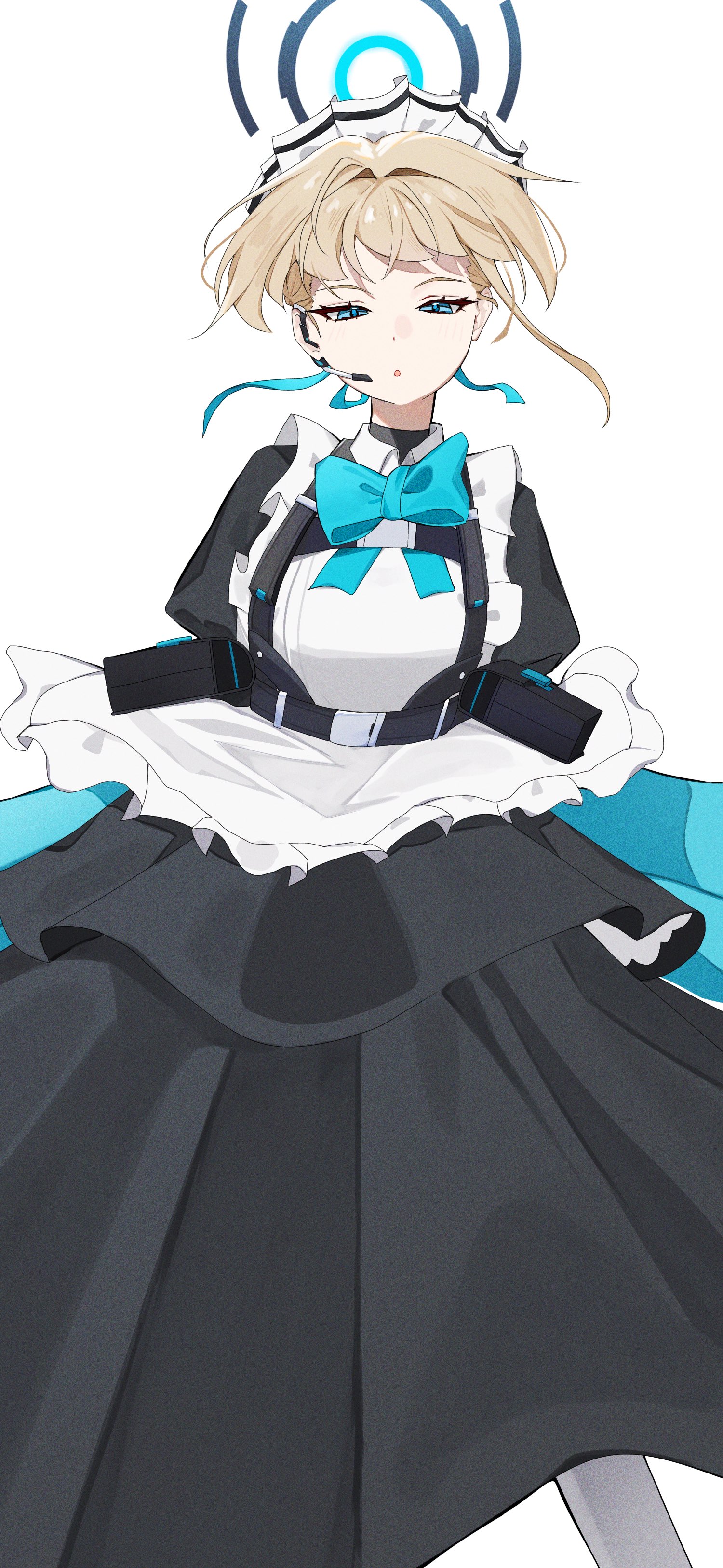 toki (blue archive), blue archive, absurdres, highres, 1girl, :o, ahoge, apron, belt, belt pouch, black belt, black dress, blonde hair, blue bow, blue bowtie, blue eyes, blue halo, blue ribbon, bow, bowtie, chest harness, dot nose, dress, earpiece, expressionless, feet out of frame, floating clothes, floating hair, framed breasts, frilled apron, frills, hair intakes, hair ribbon, halo, harness, headset, high belt, layered dress, legs apart, long dress, looking at viewer, maid, maid apron, maid headdress, narrowed eyes, parted lips, pixie cut, pouch, puffy sleeves, ribbon, short hair, solo, standing, tactical maid, turtleneck, turtleneck dress, unconventional maid, v vv, very short hair, white apron, white background, wind, wing collar