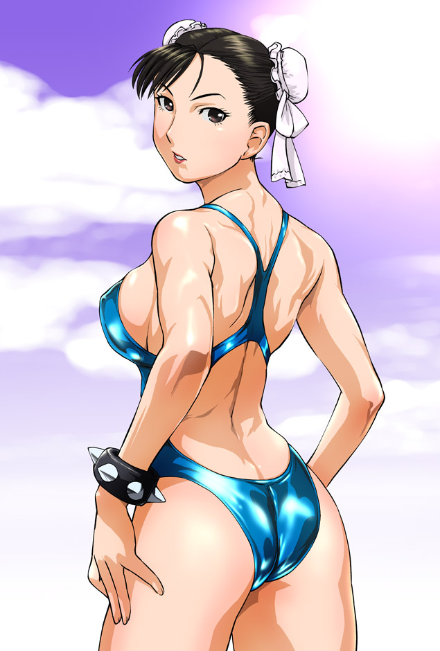 ueyama michirou, chun-li, capcom, street fighter, street fighter ii (series), 1990s (style), 1girl, ass, back, black hair, bracelet, breasts, brown eyes, bun cover, competition swimsuit, covered erect nipples, double bun, female focus, flat ass, hair bun, jewelry, lipstick, looking back, makeup, medium breasts, one-piece swimsuit, retro artstyle, short hair, sideboob, solo, spiked bracelet, spikes, swimsuit