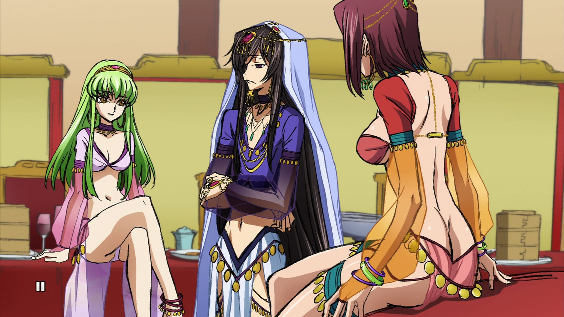 c.c., kouzuki kallen, lelouch vi britannia, code geass, anime screenshot, highres, 00s, 1boy, 2girls, androgynous, anklet, arabian clothes, ass, back, barefoot, bikini, black hair, breasts, butt crack, cleavage, crossdressing, crossed legs, dancer, earrings, green hair, gypsy, jewelry, large breasts, legs, long hair, lots of jewelry, midriff, multiple girls, no panties, purple eyes, red hair, see-through clothes, short hair, sitting, swimsuit, trap, underboob, veil, yellow eyes