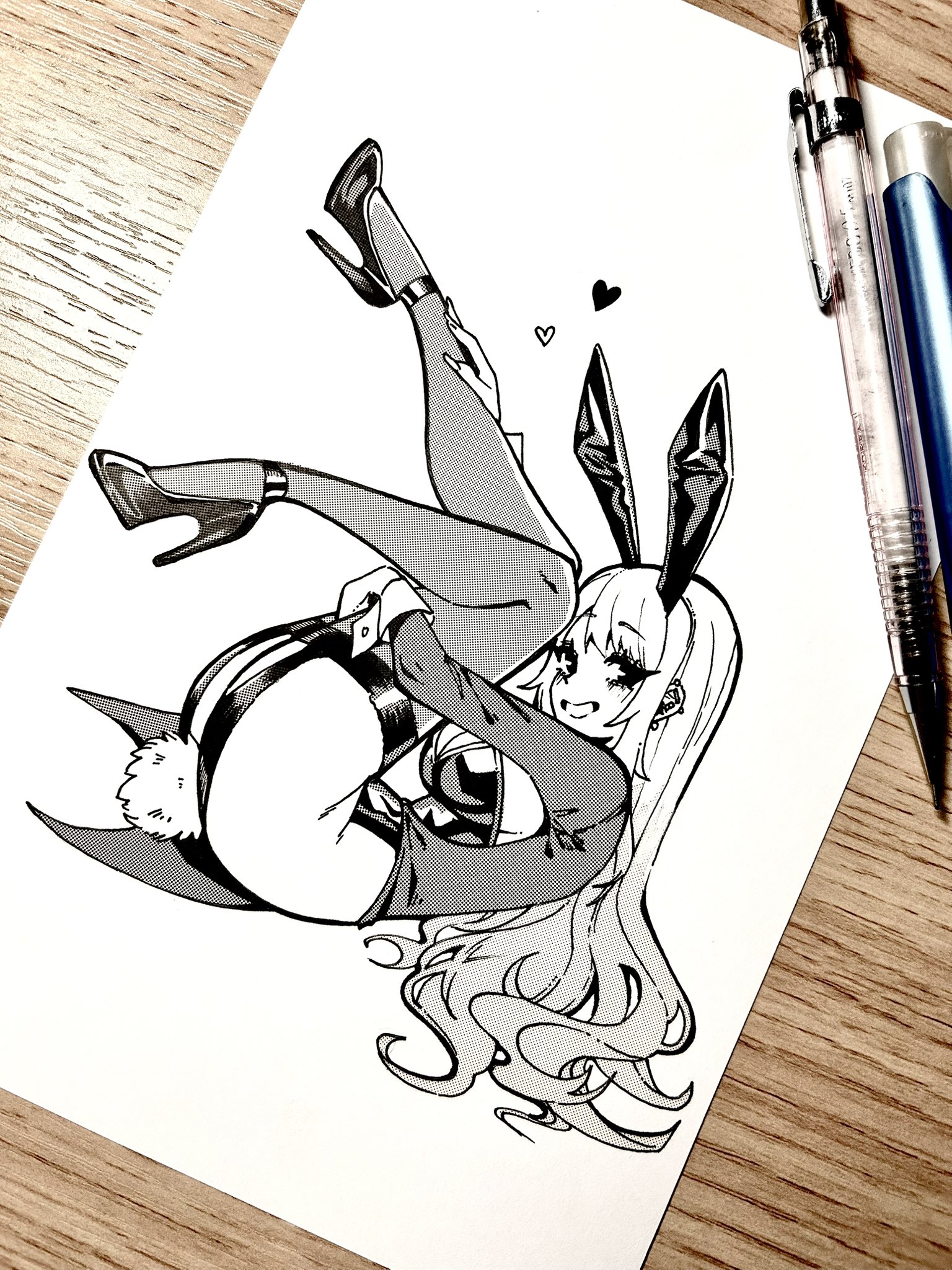 crystalsugarstars, kitagawa marin, sono bisque doll wa koi wo suru, commentary, english commentary, highres, traditional media, 1girl, animal ears, art tools in frame, breasts, cropped jacket, fake animal ears, fake tail, full body, heart, high heels, hugging own legs, inktober, leotard, long hair, lying, on back, playboy bunny, rabbit ears, rabbit tail, smile, solo, tail, tailcoat playboy bunny, thighhighs