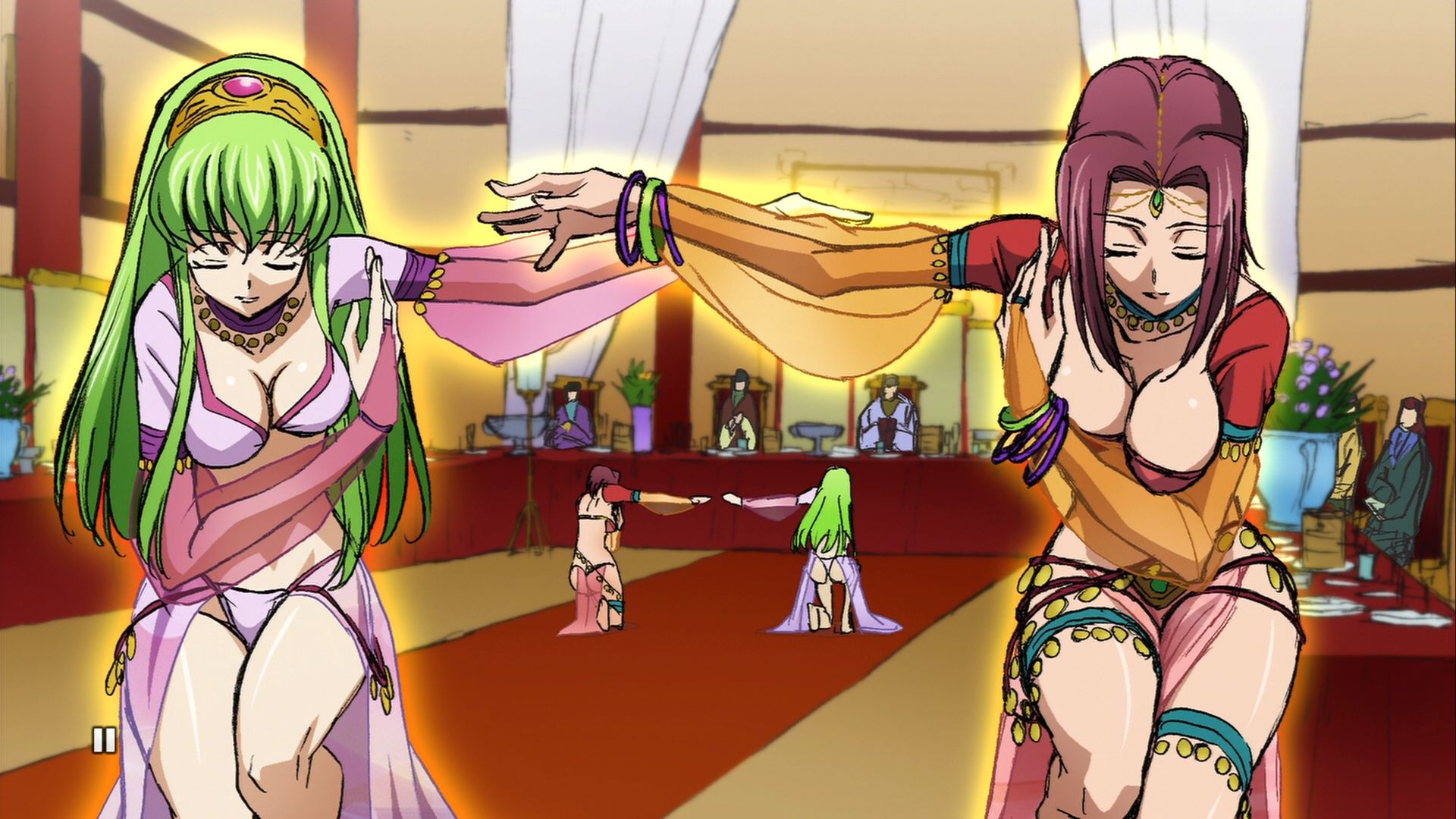 c.c., kouzuki kallen, code geass, anime screenshot, highres, 00s, 2girls, arabian clothes, ass, bikini, breasts, cleavage, dancer, green hair, gypsy, hanging breasts, hip focus, jewelry, large breasts, long hair, lots of jewelry, midriff, multiple girls, red hair, short hair, swimsuit