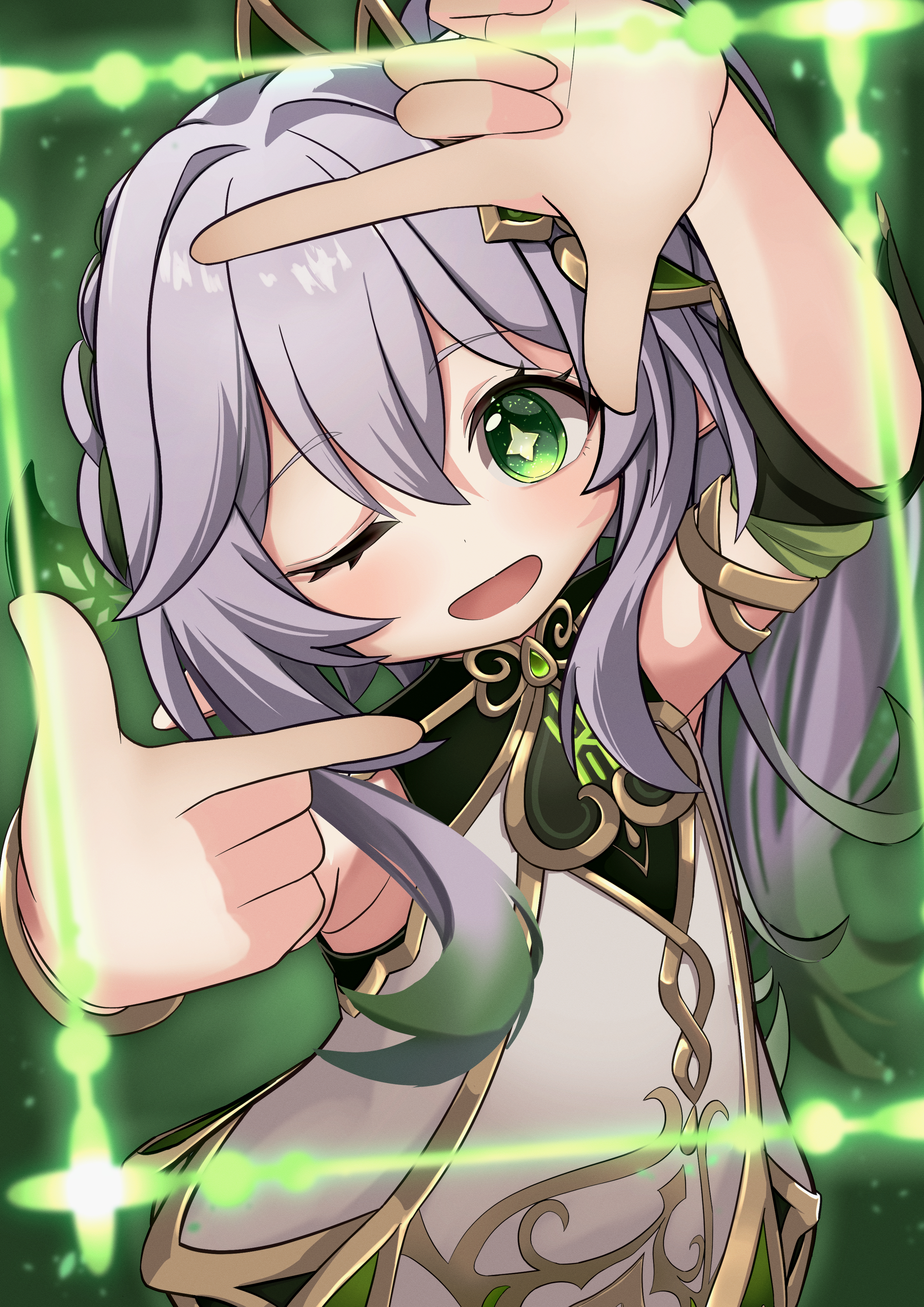 mikemaru illust, nahida (genshin impact), genshin impact, absurdres, commentary request, highres, 1girl, bare shoulders, dress, finger frame, gold trim, green eyes, green hair, hair between eyes, hair ornament, hands up, leaf hair ornament, long hair, looking at viewer, multicolored hair, one eye closed, open mouth, pointy ears, side ponytail, sleeveless, sleeveless dress, solo, star-shaped pupils, star (symbol), symbol-shaped pupils, white dress, white hair