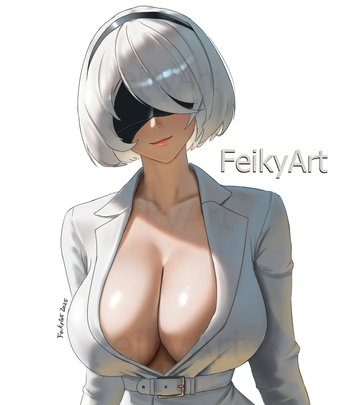 feikyart, 2b (nier:automata), nier:automata, nier (series), highres, 1girl, artist name, blindfold, breasts, cleavage, collarbone, grey hair, large breasts, shirt, short hair, simple background, solo, upper body, white background, white shirt