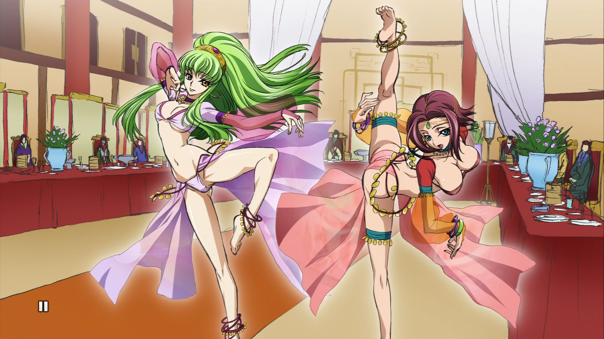 c.c., kouzuki kallen, code geass, anime screenshot, highres, 00s, 2girls, arabian clothes, ass, bad anatomy, bad feet, barefoot, bikini, blue eyes, breasts, butt crack, cleavage, dancer, feet, flexible, green hair, gypsy, hanging breasts, jewelry, large breasts, legs, long hair, lots of jewelry, midriff, multiple girls, poorly drawn, red hair, short hair, split, standing, standing on one leg, standing split, swimsuit, thighs, yellow eyes