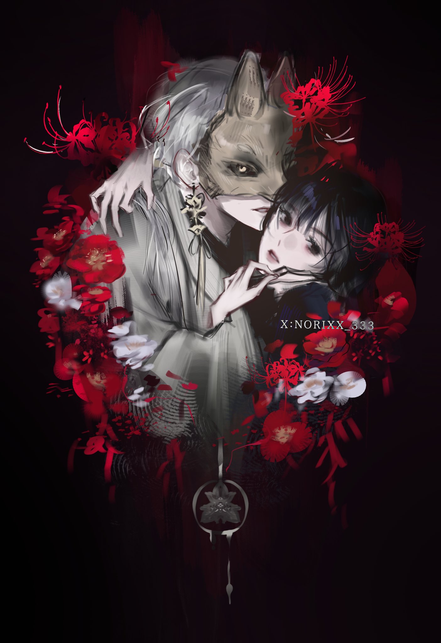 fox mask (silent hill), shimizu hinako, silent hill (series), silent hill f, highres, 1boy, 1girl, artist name, black hair, earrings, flower, fox mask, jewelry, mask, norixx 333, robe, signature, single earring, spider lily, tassel, tassel earrings, twitter username, white hair, white robe