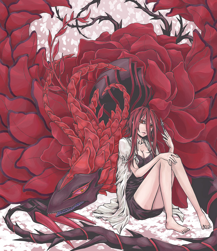 kiyoshi hana, rouka (roukaukauka), black rose dragon, izayoi aki, yu-gi-oh!, yu-gi-oh! 5d's, bad id, bad pixiv id, 00s, 1girl, dragon, duel monster, long hair, monster, red eyes, red hair, short hair