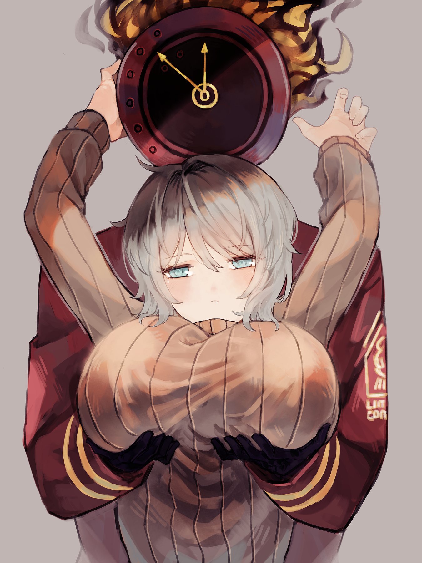 starhoshi, dante (limbus company), faust (project moon), limbus company, project moon, commentary, english commentary, highres, 1girl, 1other, analog clock, blue hair, blush, breasts, brown sweater, clock, closed mouth, coat, expressionless, flaming head, grabbing another's breast, grabbing from behind, groping, hand on another's head, large breasts, object head, reaching, reaching towards another, red coat, short hair, simple background, sleeves past wrists, striped clothes, striped sweater, sweater, vertical-striped sweater, white hair
