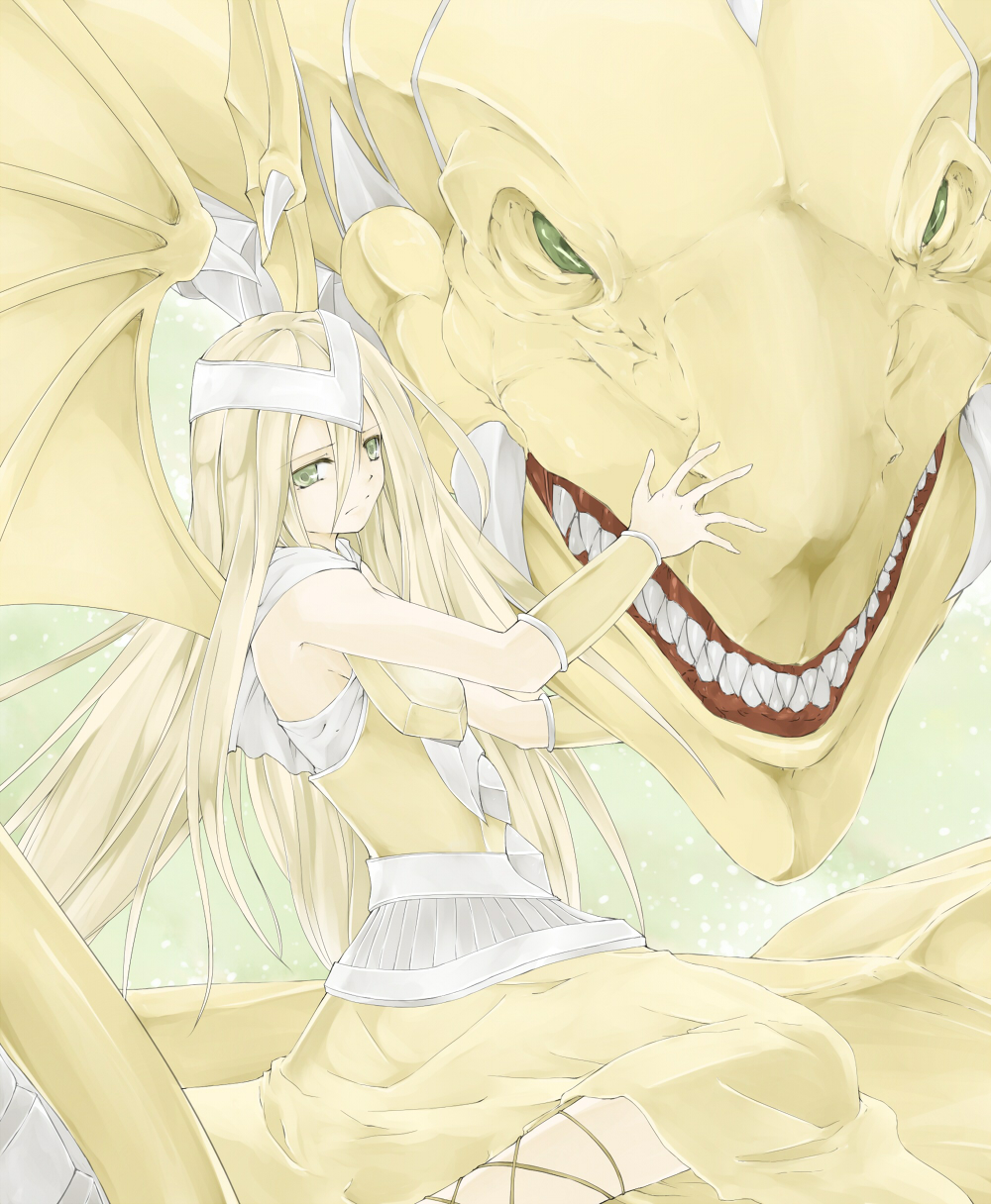 rr (pixiv377143), rr (rr2), victoria, victoria (yu-gi-oh!), victory dragon, yu-gi-oh!, yu-gi-oh! duel monsters, highres, 1girl, armor, blonde hair, dragon, duel monster, fantasy, female focus, golden dragon, green eyes, long hair, solo, wings
