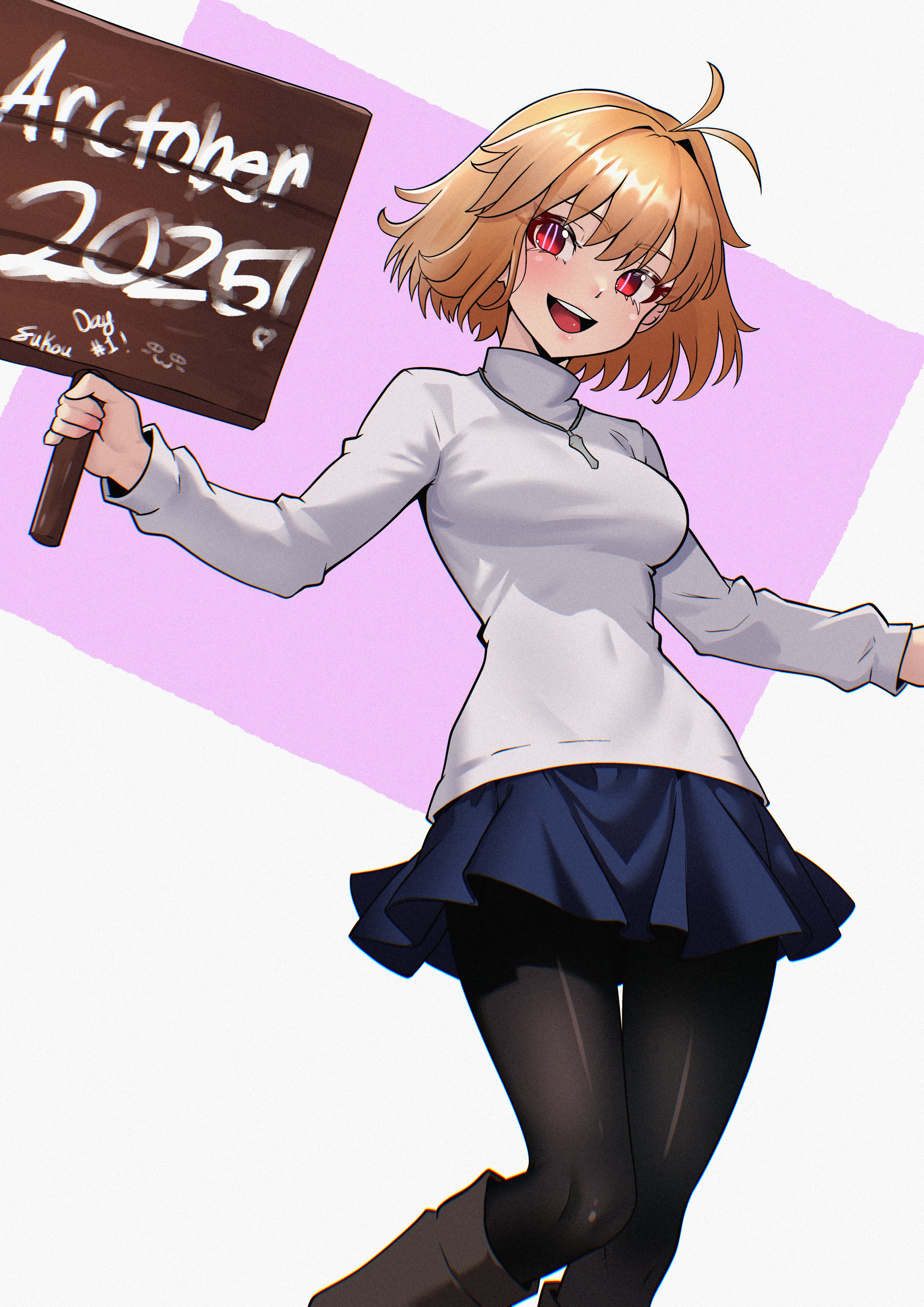 fukou, arcueid brunestud, tsukihime, tsukihime (remake), absurdres, highres, 1girl, antenna hair, black boots, black pantyhose, blonde hair, blue skirt, boots, breasts, cowboy shot, holding, holding sign, jewelry, medium breasts, miniskirt, pantyhose, pendant, red eyes, shirt, short hair, sign, simple background, skirt, solo, white background, white shirt