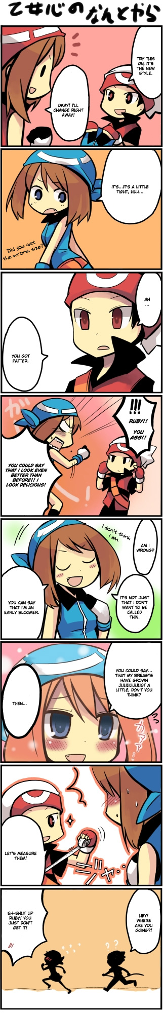 brendan (pokemon), may (pokemon), nintendo, pokemon, pokemon adventures, hard-translated, highres, long image, tall image, third-party edit, translated, 1boy, 1girl, breasts, comic, medium breasts