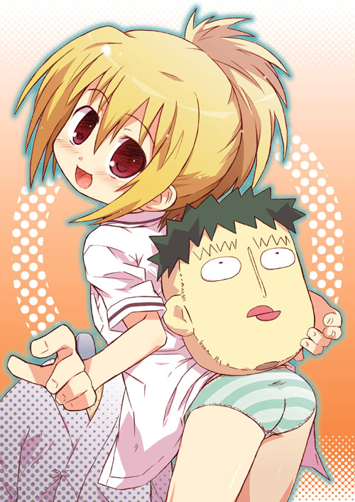 shimo-san, chiba kirino, ishida toraji, bamboo blade, 00s, 1girl, ass, blonde hair, blush, cowboy shot, doll, gradient background, green outline, green panties, happy, loli, long hair, looking back, no pants, open mouth, orange background, outline, panties, ponytail, red eyes, shirt, short sleeves, sidelocks, smile, standing, striped clothes, striped panties, underwear, white shirt