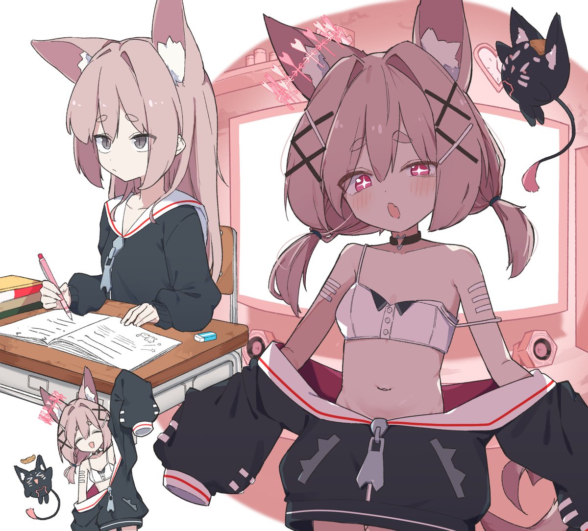 mibashi (hash1 bam1), copyright request, + +, 1girl, animal ear fluff, animal ears, arm up, black choker, blush, book, bra, breasts, chair, choker, closed eyes, clothes down, collarbone, desk, fang, fox ears, fox girl, fox tail, grey eyes, hair intakes, hair ornament, halo, holding, long hair, long sleeves, looking at viewer, multiple views, navel, off shoulder, open mouth, pen, pink eyes, pink hair, puffy long sleeves, puffy sleeves, sailor collar, school desk, short twintails, sitting, sleeves past fingers, sleeves past wrists, small breasts, strap slip, tail, twintails, underwear, white bra, white sailor collar, x hair ornament