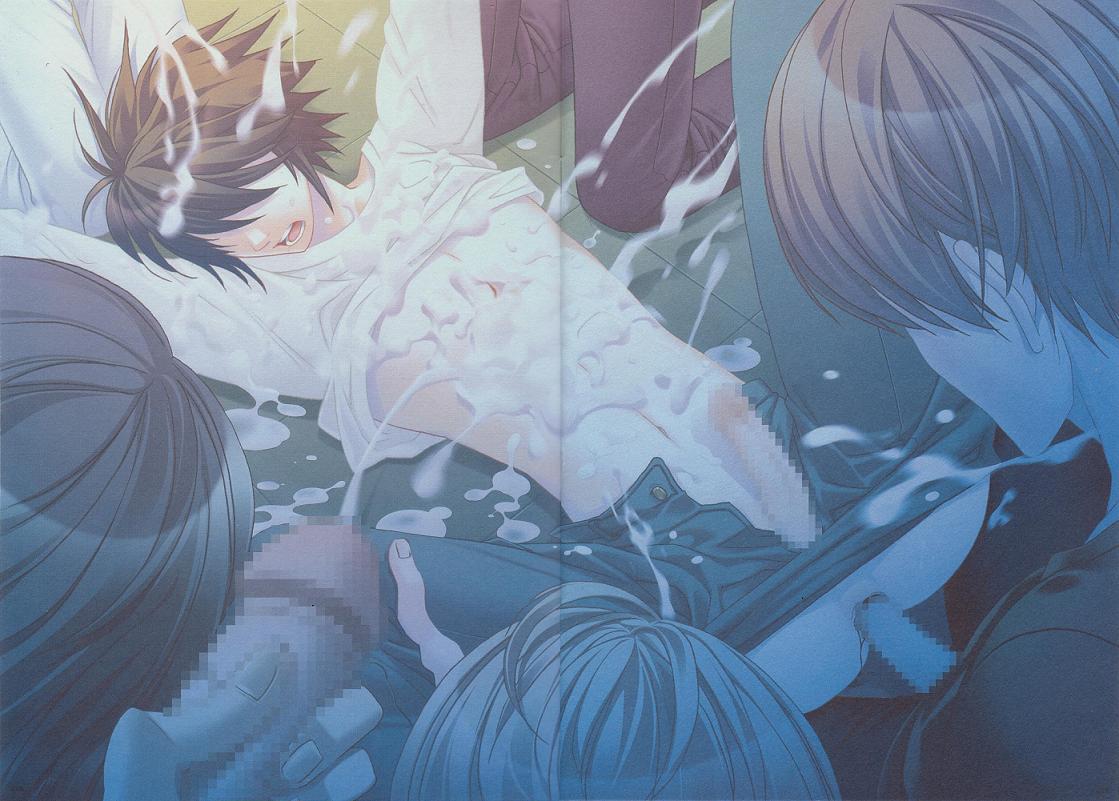 yagami light, death note, 6+boys, anal, blood, boy rape, bukkake, censored, clothes lift, cum, cum pool, ejaculation, erection, forced, from above, group sex, holding another's wrist, lying, masturbation, multiple boys, on back, on floor, penis, shirt lift, spread legs, yaoi