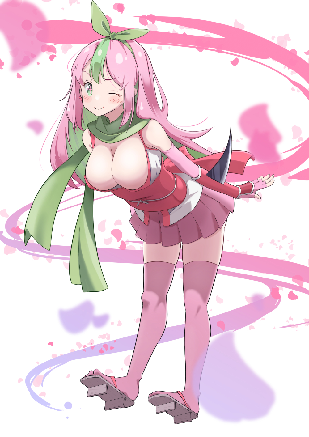 kusagakure sakura, ninja to koroshiya no futarigurashi, highres, 1girl, ;), blush, bow, breasts, cherry blossoms, cleavage, cross-shaped pupils, elbow gloves, falling petals, fingerless gloves, full body, geta, gloves, green eyes, green hair, green scarf, hair bow, large breasts, leaning forward, long hair, looking at viewer, multicolored hair, obi, one eye closed, petals, pink hair, pink thighhighs, pleated skirt, sandals, sash, scarf, skirt, smile, smiths1982, solo, streaked hair, symbol-shaped pupils, thighhighs