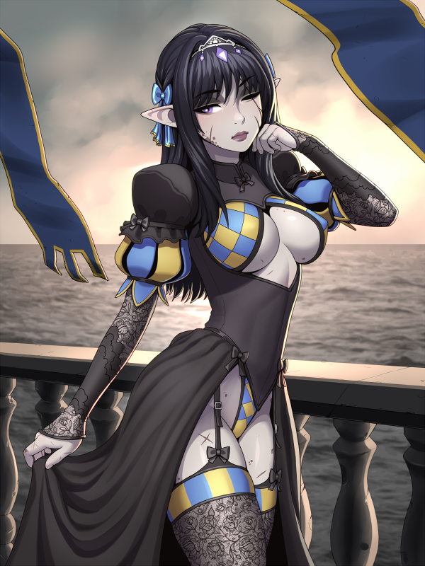 ronindude, original, commentary, english commentary, 1girl, banner, black dress, bow, breasts, cleavage, dress, hair bow, leotard, looking at viewer, ocean, outdoors, pointy ears, puffy sleeves, scar, scar on leg, skirt hold, solo, sunset, thighhighs, tiara