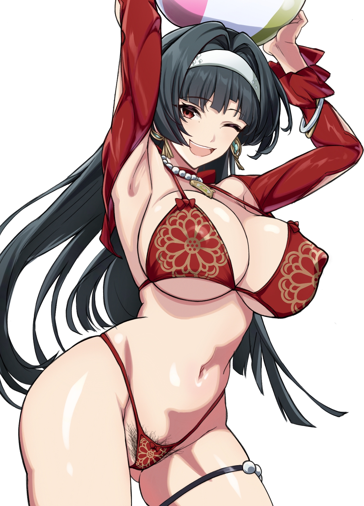 saint laurent paris, astra yao, zenless zone zero, highres, alternate breast size (larger), areola slip, ball, bikini, black bikini, black hair, black slingshot swimsuit, blonde hair, blunt bangs, breasts, cleavage, earrings, hair intakes, holding, holding ball, jewelry, large breasts, mole, mole under eye, multiple girls, one eye closed, pubic hair, purple eyes, red bikini, red eyes, simple background, slingshot swimsuit, swimsuit, white background