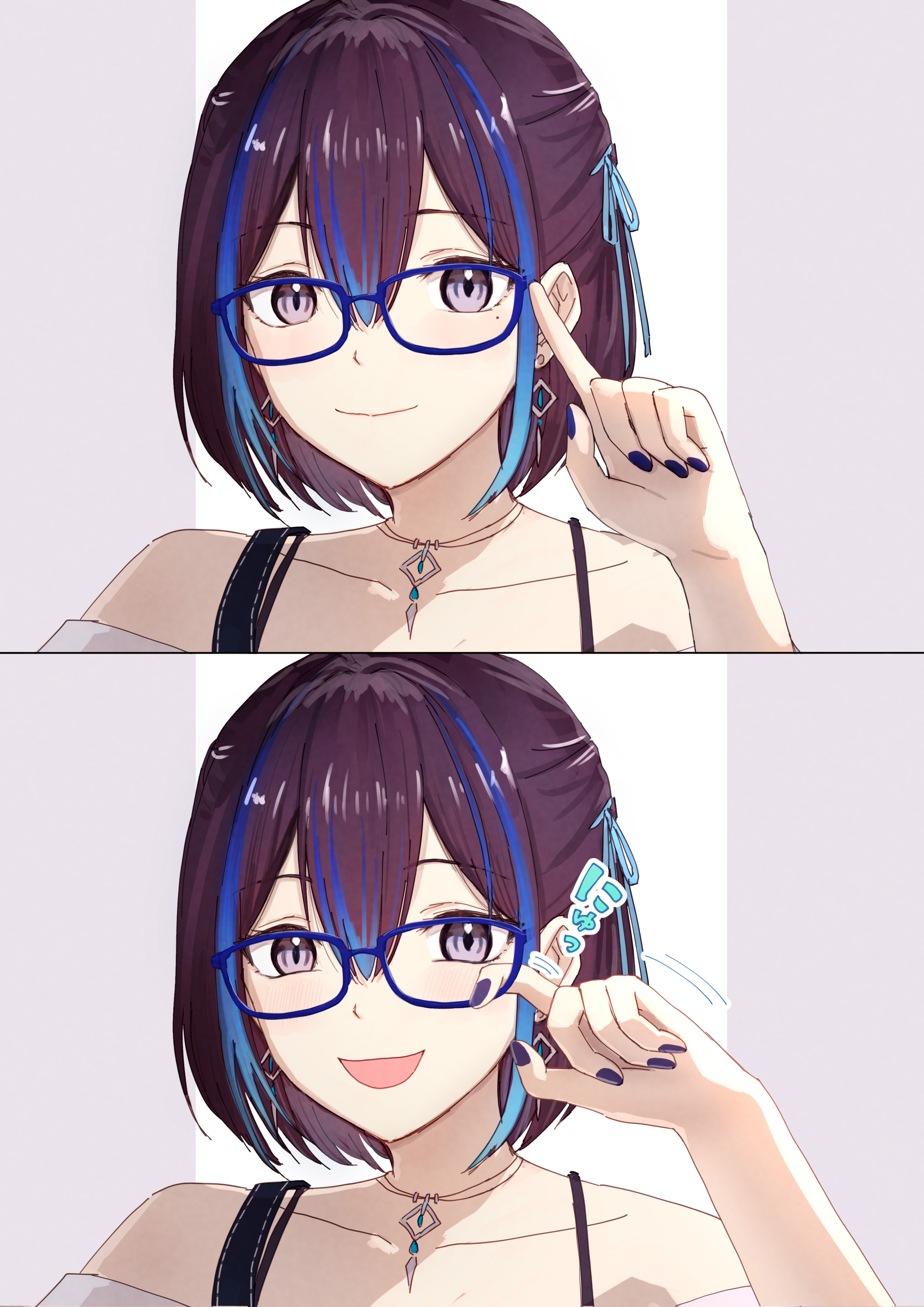 yami ara, yubari rei, indie virtual youtuber, absurdres, commentary request, highres, 1girl, :d, blue-framed eyewear, blue hair, blue ribbon, closed mouth, diamond earrings, earrings, glasses, grey eyes, hair ribbon, hand up, index finger raised, jewelry, lensless glasses, multicolored hair, necklace, open mouth, purple hair, ribbon, short hair, smile, two-tone hair, variations, virtual youtuber