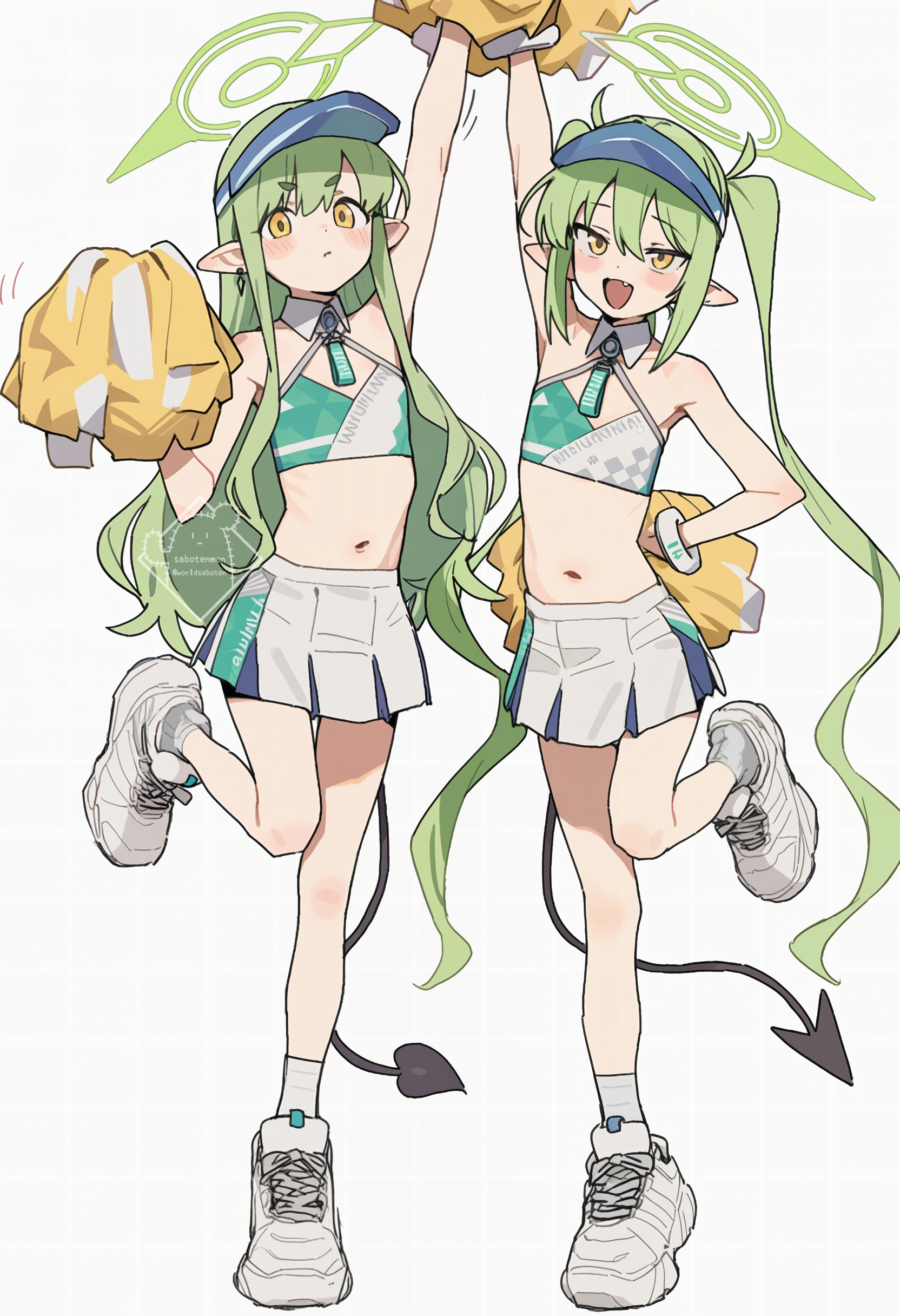worldsaboten, hikari (blue archive), nozomi (blue archive), blue archive, absurdres, highres, 2girls, arm up, blush, cheerleader, closed mouth, demon tail, detached collar, fang, flat chest, full body, green hair, halo, hand on own hip, holding, holding pom poms, long hair, looking at viewer, midriff, millennium cheerleader outfit (blue archive), multiple girls, navel, open mouth, pleated skirt, pointy ears, pom pom (cheerleading), pom poms, shoes, siblings, simple background, skirt, smile, sneakers, socks, standing, standing on one leg, tail, twins, twintails, very long hair, visor cap, white background, white shoes, white skirt, white socks, yellow eyes