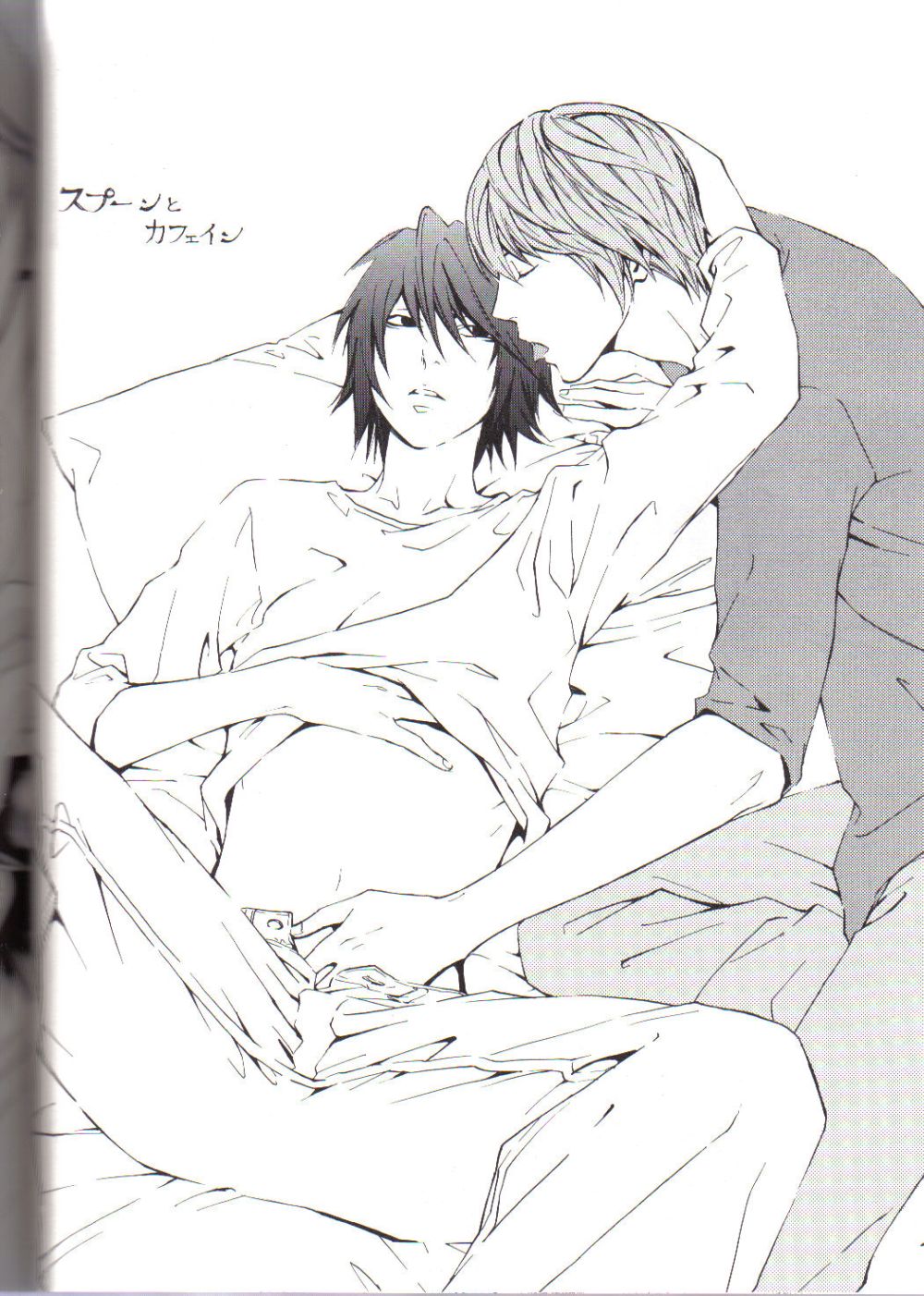 l (death note), yagami light, death note, highres, 00s, 2boys, clothes lift, handjob, licking, male focus, monochrome, multiple boys, penis, reaching, shirt lift, spread legs, undressing, unzipped, yaoi
