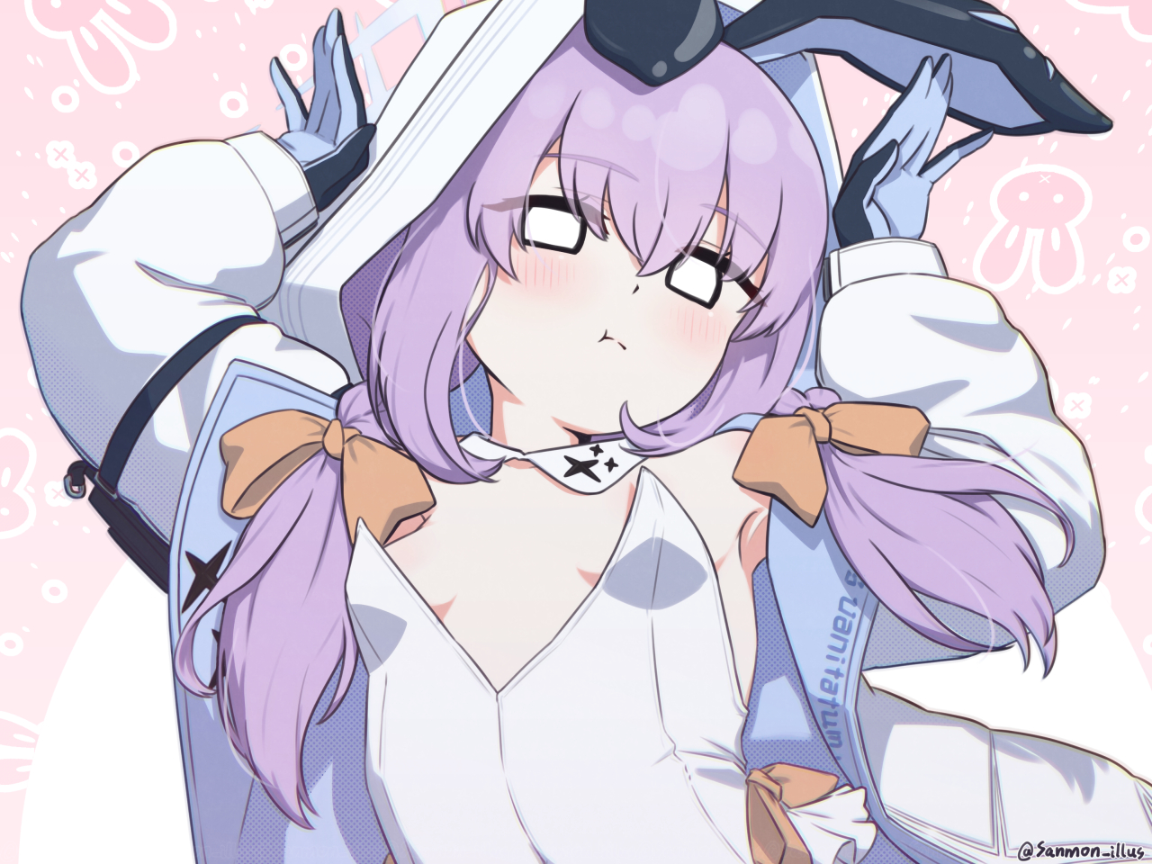 sanmon illus, atsuko (blue archive), blue archive, 1girl, :t, animal ears, armpits, arms up, blue gloves, blush, bow, breasts, closed mouth, detached collar, fake animal ears, gloves, hair between eyes, halo, hood, hood up, hooded jacket, jacket, leotard, long hair, long sleeves, looking at viewer, low twintails, open clothes, open jacket, playboy bunny, purple hair, rabbit ears, rabbit pose, small breasts, solo, strapless, strapless leotard, twintails, two-tone gloves, upper body, white eyes, white hood, white jacket, white leotard