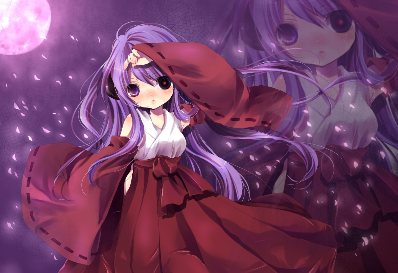 ringo komachi, hanyuu, higurashi no naku koro ni, bad id, bad pixiv id, 00s, 1girl, detached sleeves, female focus, glowing, glowing eye, glowing eyes, hakama, hakama skirt, horns, japanese clothes, long hair, miko, no panties, purple eyes, purple hair, red hakama, skirt, solo, zoom layer