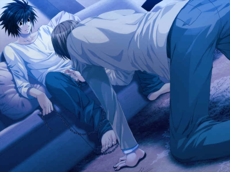 l (death note), yagami light, bound prince, death note, 00s, 2boys, censored, chain, cuffs, handcuffs, handjob, indoors, kneeling, male focus, multiple boys, penis, unzipped, yaoi