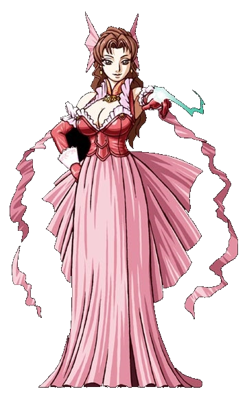 carmilla (castlevania), castlevania: circle of the moon, castlevania (series), artist request, 1girl, armpits, bare shoulders, breasts, bridal gauntlets, brown eyes, brown hair, cleavage, closed mouth, corset, curly hair, dress, earrings, gauntlets, goth fashion, hair ornament, hand on own hip, head wings, jewelry, large breasts, leotard, light smile, long dress, long hair, looking at viewer, magic, pink dress, pointing, pointing at viewer, red dress, simple background, smile, smirk, solo, transparent background, vampire, wings