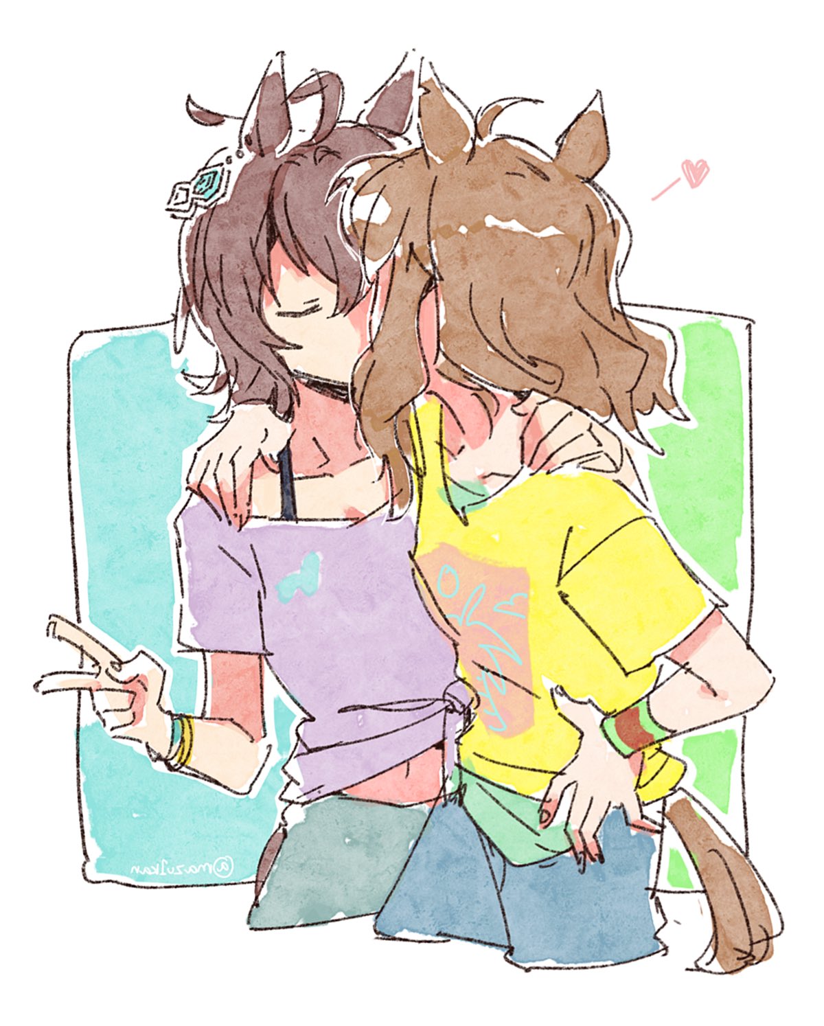 mazu1kan, agnes tachyon (umamusume), jungle pocket (umamusume), umamusume, commentary request, highres, 2girls, animal ears, arm around shoulder, bra strap, brown hair, closed eyes, collarbone, cropped legs, dated commentary, hand on own hip, heart, horse ears, horse girl, horse tail, implied kiss, medium hair, multiple girls, navel, print shirt, purple shirt, shirt, short sleeves, sketch, t-shirt, tail, tied shirt, v, yellow shirt, yuri