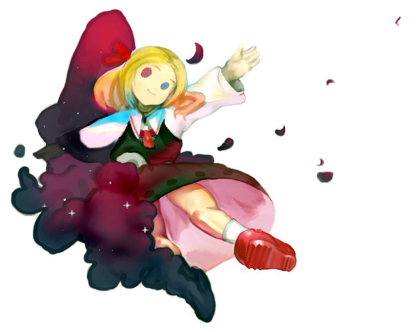 usapiyo, rumia, embodiment of scarlet devil, touhou, 1girl, blonde hair, darkness, female focus, hair ribbon, heterochromia, necktie, outstretched arms, red eyes, ribbon, short hair, solo, spread arms