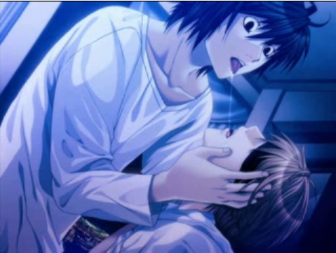 l (death note), yagami light, bound prince, death note, lowres, 00s, 2boys, blindfold, indoors, male focus, multiple boys, yaoi
