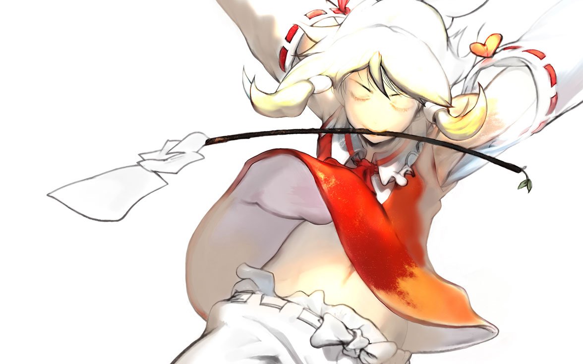 usapiyo, hakurei reimu, embodiment of scarlet devil, touhou, 1girl, arms up, blonde hair, female focus, long sleeves, midriff, mouth hold, navel, ribbon-trimmed sleeves, ribbon trim, short hair, simple background, solo, stomach, white background