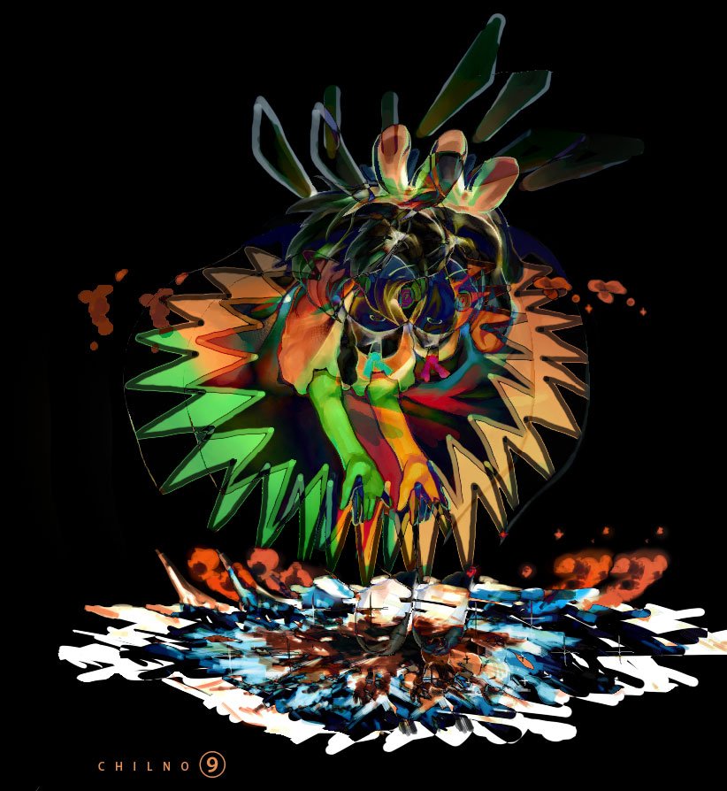 usapiyo, cirno, touhou, 1girl, abstract, black background, female focus, psychedelic, simple background, solo, surreal, wings