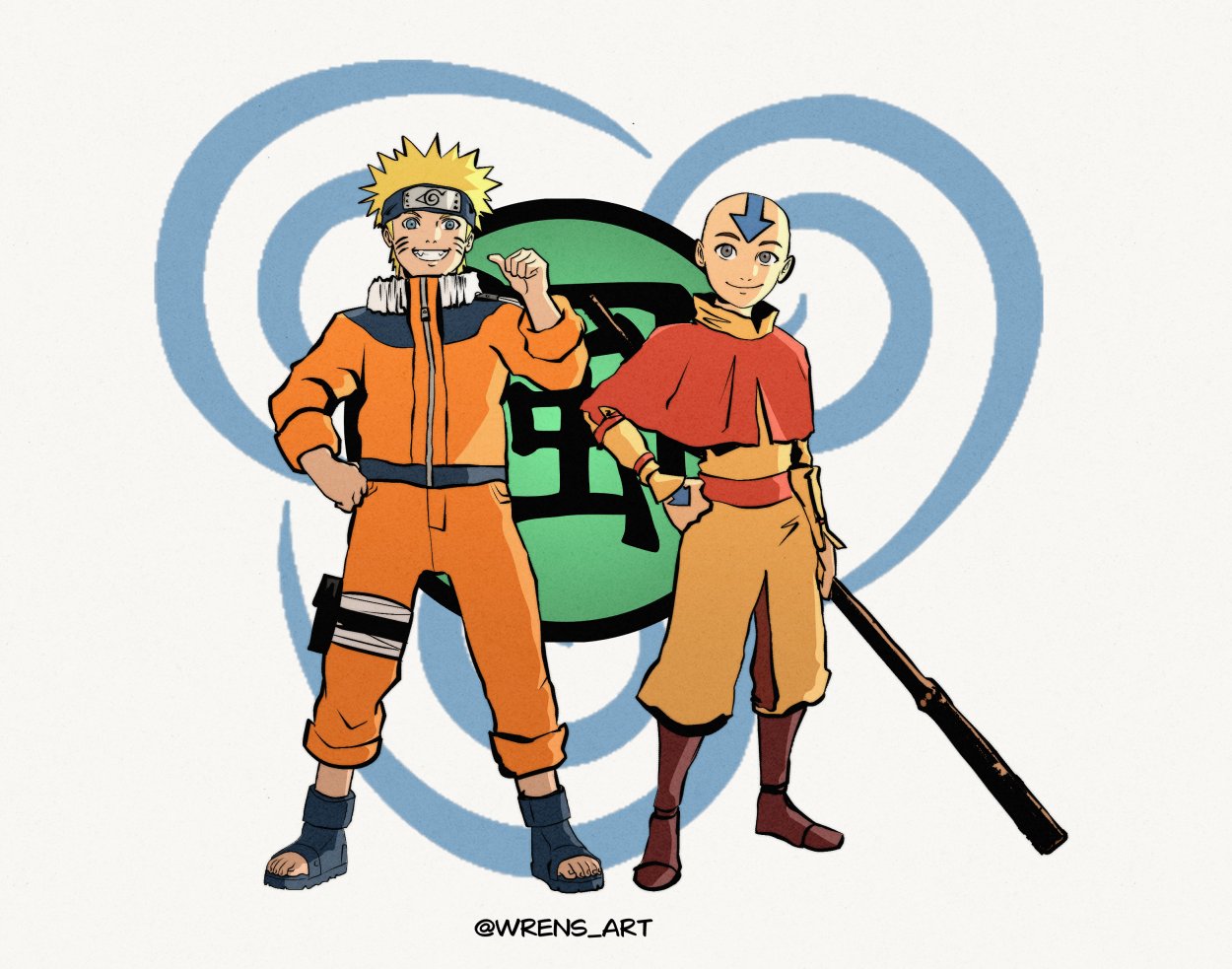 aang, uzumaki naruto, avatar: the last airbender, avatar legends, naruto (classic), naruto (series), commentary, english commentary, 2boys, bald, blonde hair, blue eyes, bodysuit, boots, brown boots, capelet, crossover, facial mark, forehead protector, full body, grey eyes, hand on own hip, holding, holding staff, jacket, konohagakure symbol, looking at viewer, male focus, multiple boys, ninja, open-toe shoes, orange capelet, orange jacket, orange pants, pants, short hair, smile, spiked hair, staff, standing, teeth, whisker markings, wren (wrthreeh)