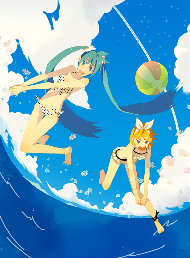 kuko, hatsune miku, kagamine rin, vocaloid, bad id, bad pixiv id, 2girls, angry, ball, barefoot, cloud, day, long hair, multiple girls, sky, smile, very long hair, water