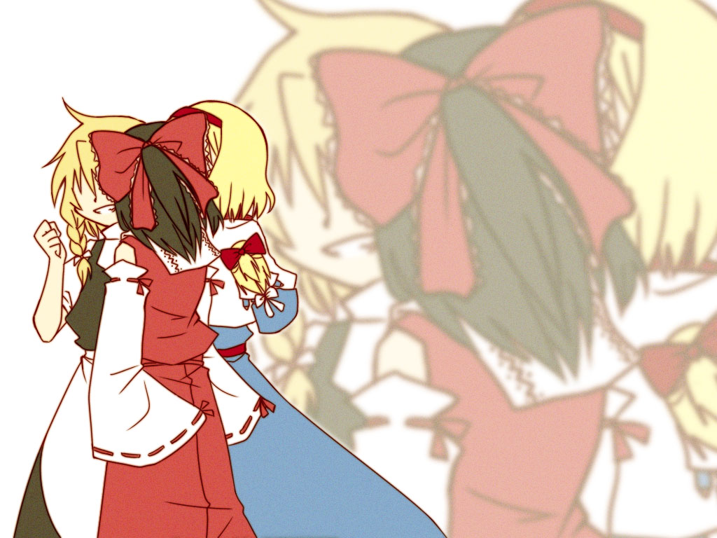 rebi, alice margatroid, hakurei reimu, kirisame marisa, shanghai doll, touhou, bad id, bad pixiv id, 3girls, black hair, blonde hair, braid, clenched teeth, female focus, grin, hair ribbon, hairband, happy, kiss, multiple girls, ribbon, short hair, single braid, smile, teeth, yuri, zoom layer