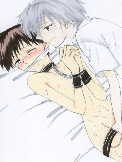 ikari shinji, nagisa kaworu, neon genesis evangelion, lowres, 2boys, bdsm, bed, bondage, bound, bound wrists, clothed male nude male, clothed on nude, collar, cum, cum on body, gag, handjob, imminent rape, male focus, multiple boys, nude, penis, pet, qvga, rape, red eyes, sex toy, sexual objectification, shota, slave, vibrator, yaoi
