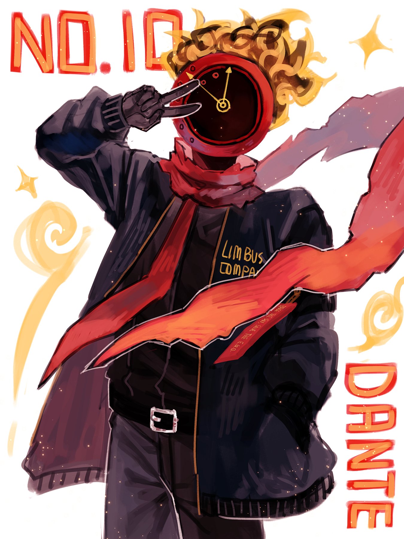 starhoshi, dante (limbus company), limbus company, project moon, highres, alternate costume, analog clock, belt, black belt, black gloves, black jacket, black pants, black shirt, casual, character name, clock, company name, flaming head, glitter, gloves, hand in pocket, jacket, necktie, object head, pants, red necktie, red scarf, scarf, shirt, simple background, sparkle, v