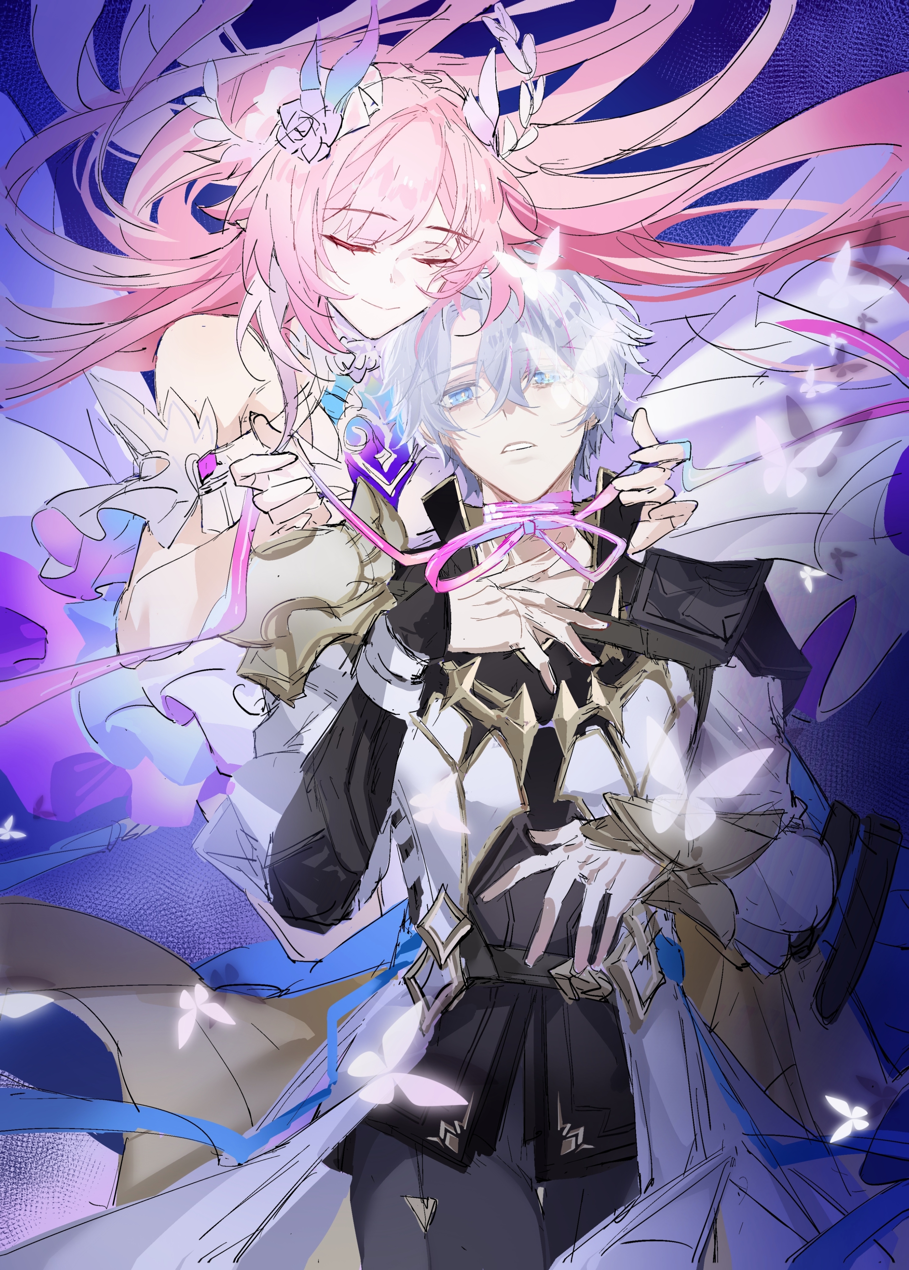 cyrene (honkai: star rail), cyrene (ripples of past reverie) (honkai: star rail), phainon (honkai: star rail), honkai: star rail, honkai (series), absurdres, chinese commentary, commentary request, highres, 1boy, 1girl, bare shoulders, blue eyes, coat, dress, flower, grey pants, hair flower, hair ornament, halo, long hair, pants, pink hair, refarin, short hair, smile, very long hair, white coat, white dress, white hair