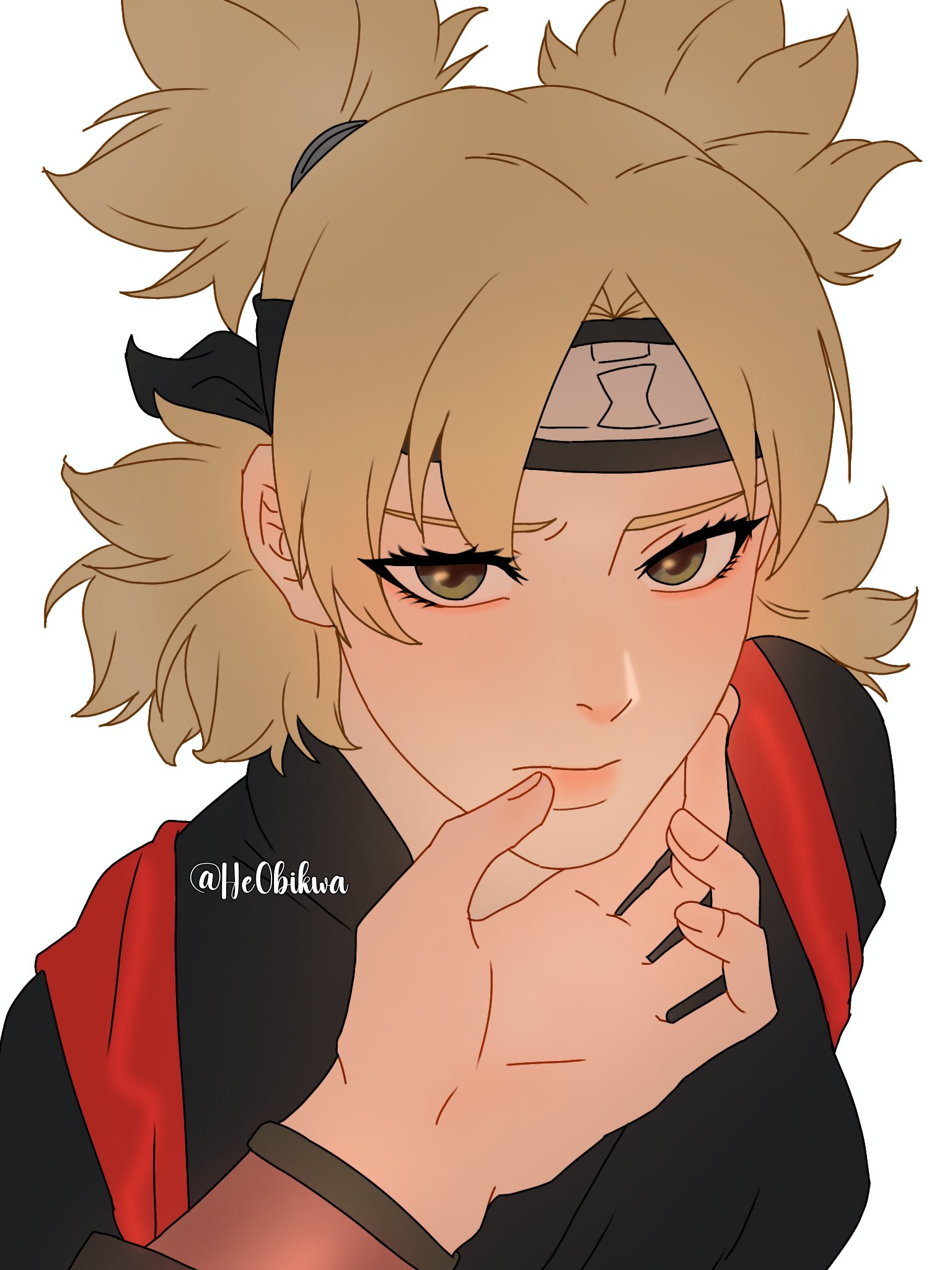 nara shikamaru, temari (naruto), naruto (series), naruto shippuuden, highres, 1boy, 1girl, black shirt, blonde hair, closed mouth, eyelashes, forehead protector, hand on another's chin, heo bikwa, looking at viewer, out of frame, shirt, solo focus, sunagakure symbol, twitter username, upper body, white background