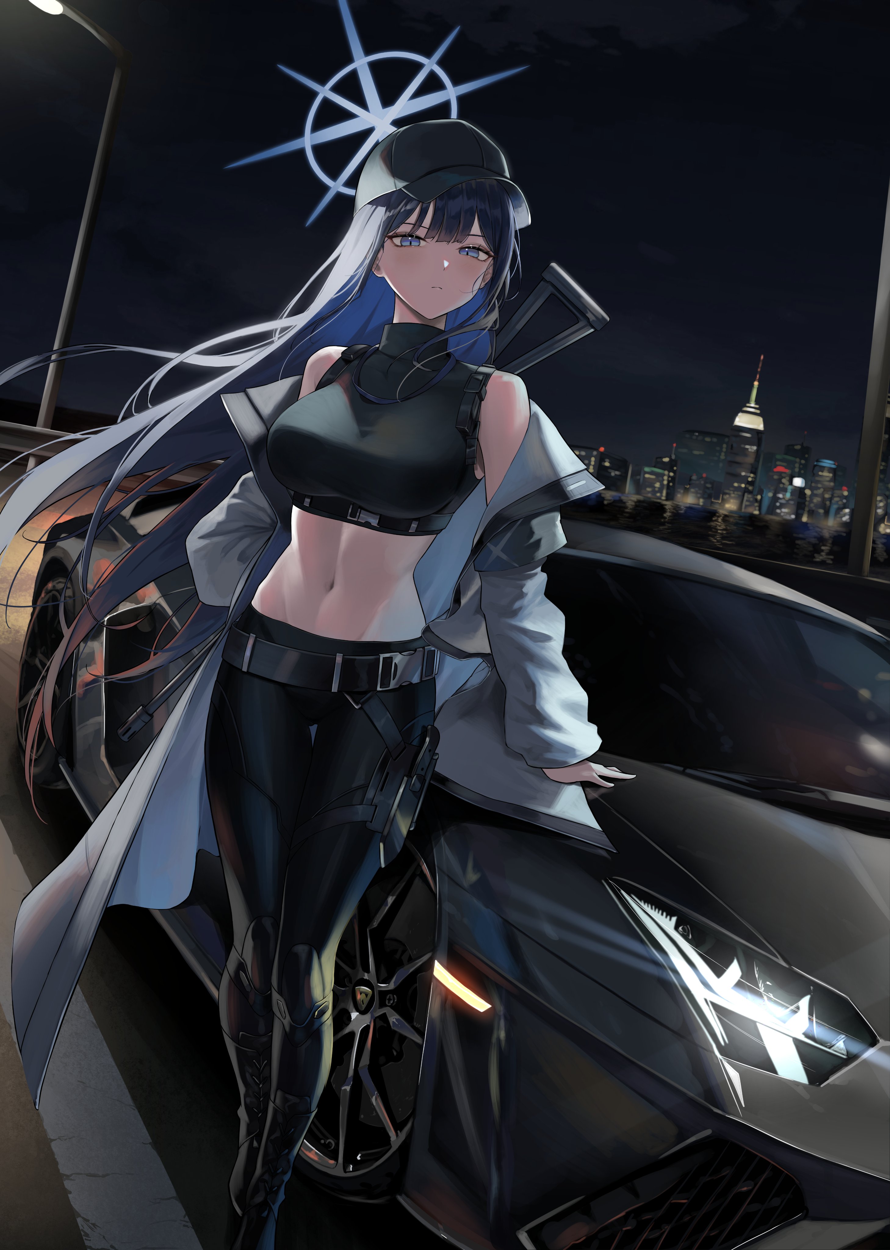 saori (blue archive), blue archive, lamborghini, absurdres, highres, armband, bare shoulders, baseball cap, blue eyes, blue hair, blue halo, blue hat, blue pants, breasts, car, gamgul 1234, grey armband, grey jacket, halo, hat, jacket, lamborghini aventador, large breasts, long hair, looking at viewer, motor vehicle, navel, pants, sports car, thighs