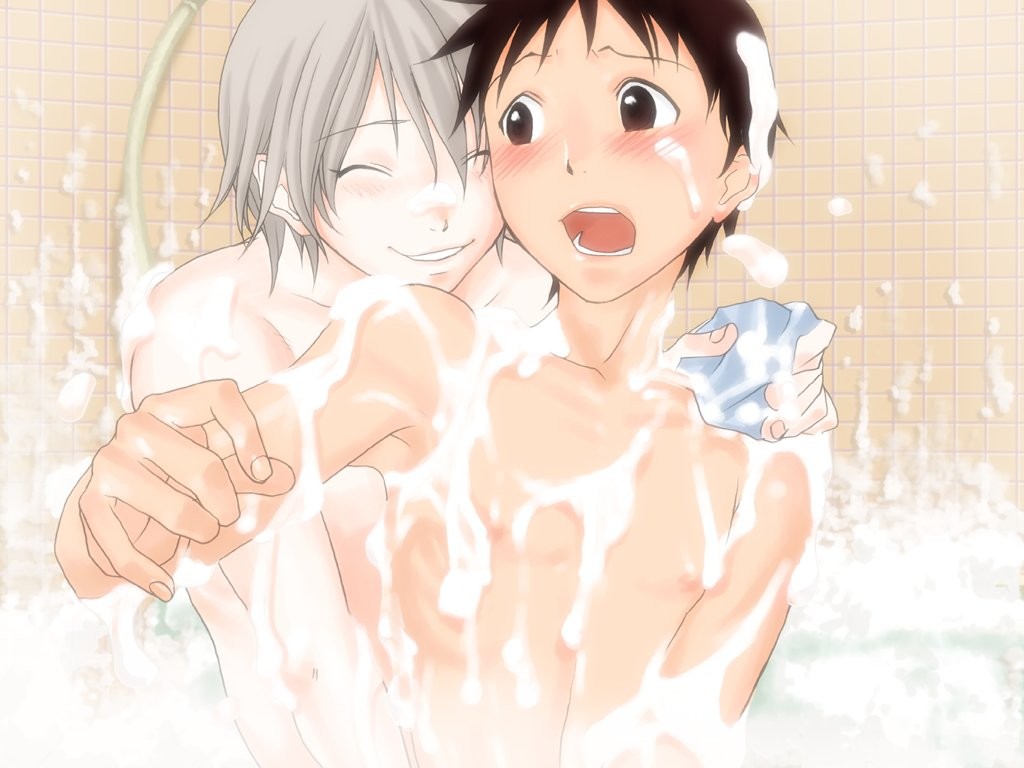 yonekura kengo, ikari shinji, nagisa kaworu, neon genesis evangelion, shinji ikari raising project, official art, 2boys, androgynous, bath, bishounen, handjob, male focus, multiple boys, sexually suggestive, shota, splashing, water, wet, yaoi
