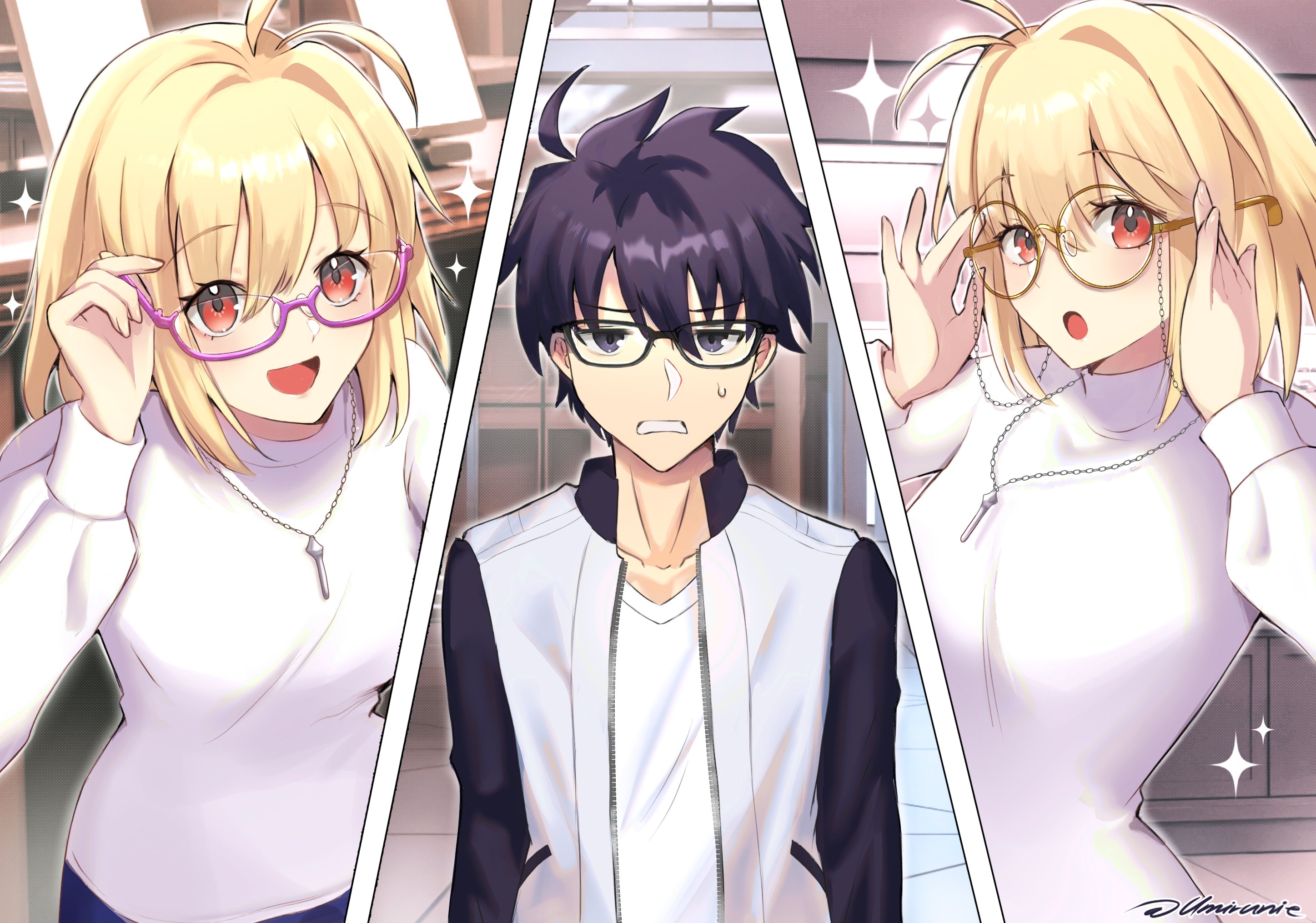 umirunie, arcueid brunestud, tohno shiki, tsukihime, tsukihime (remake), highres, 1boy, 1girl, black eyes, black hair, blonde hair, breasts, glasses, glasses day, indoors, jacket, jewelry, pendant, red eyes, round eyewear, semi-rimless eyewear, shirt, sparkle, sweater, under-rim eyewear, white jacket, white shirt, white sweater