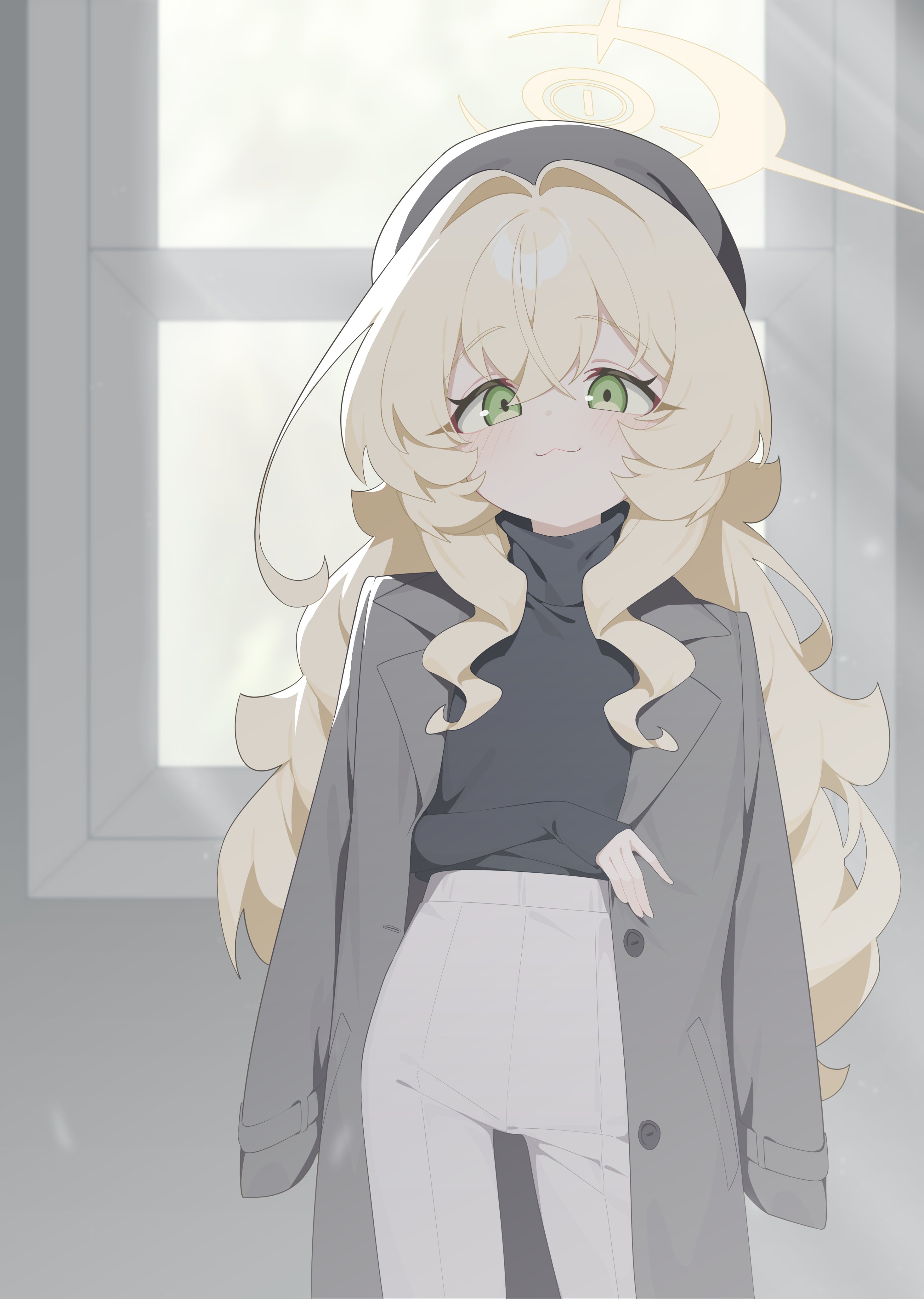 honi (honi1010), professor niyaniya (blue archive), blue archive, absurdres, commentary, highres, revision, symbol-only commentary, 1girl, :3, black hat, black shirt, blonde hair, closed mouth, green eyes, grey jacket, grey pants, hair between eyes, halo, hand up, hat, jacket, lapels, long hair, long sleeves, looking at viewer, notched lapels, open clothes, open jacket, pants, shirt, solo, suit jacket, very long hair, yellow halo